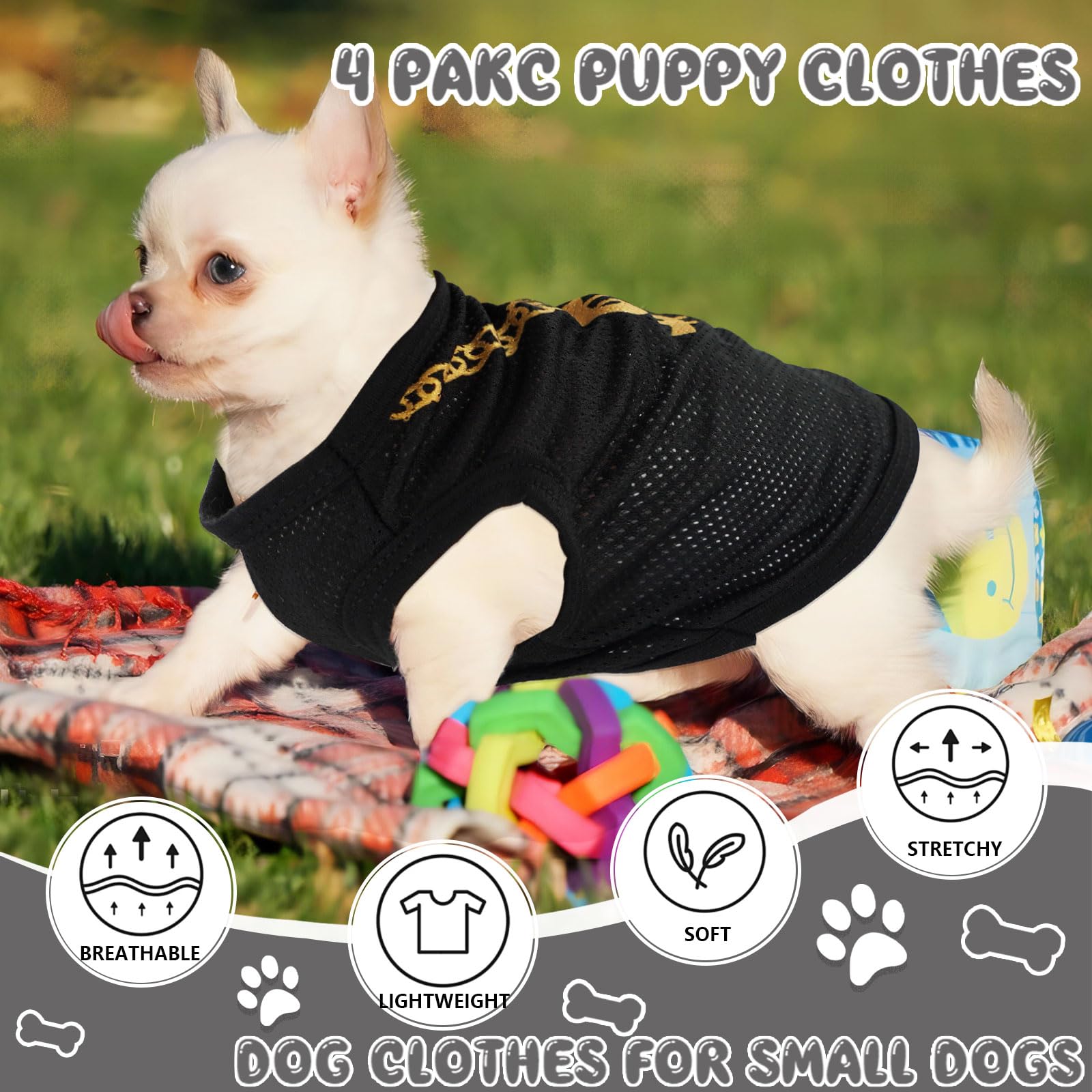 4 Pack Small Dog Clothes - Black Security Shirt for Chihuahuas & Teacup Dogs | Soft & Comfortable XXS Pet Clothing for Male Puppies | Perfect for Daily Walks, Pet Parties & Photo Shoots