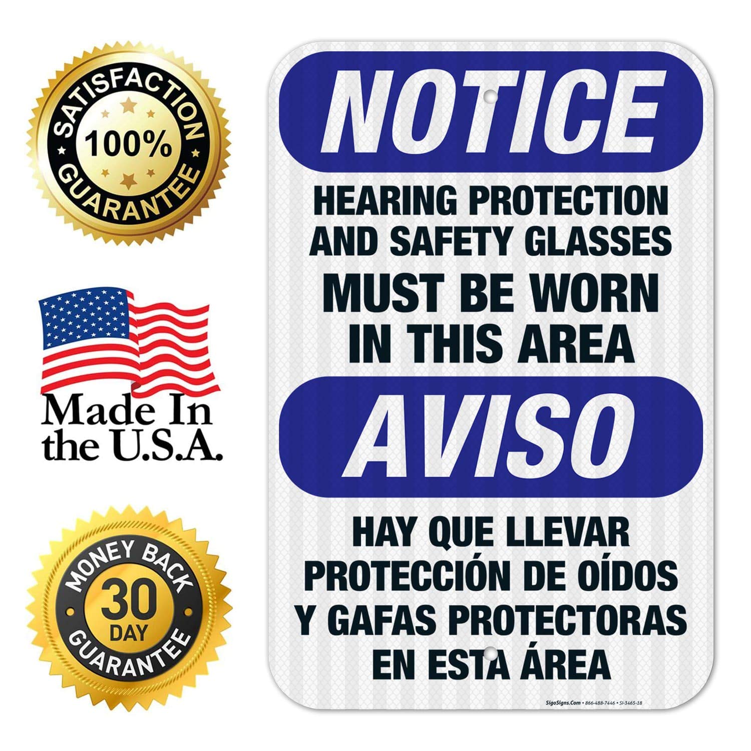 OSHA Compliant Bilingual Safety Sign - 'Hearing Protection & Safety Glasses Required' - 12x18 Inches, 3M EGP Reflective .063 Aluminum - Fade Resistant for Indoor/Outdoor Use - Made in USA - Perfect for Construction Sites, Factories & Hazardous Work Areas