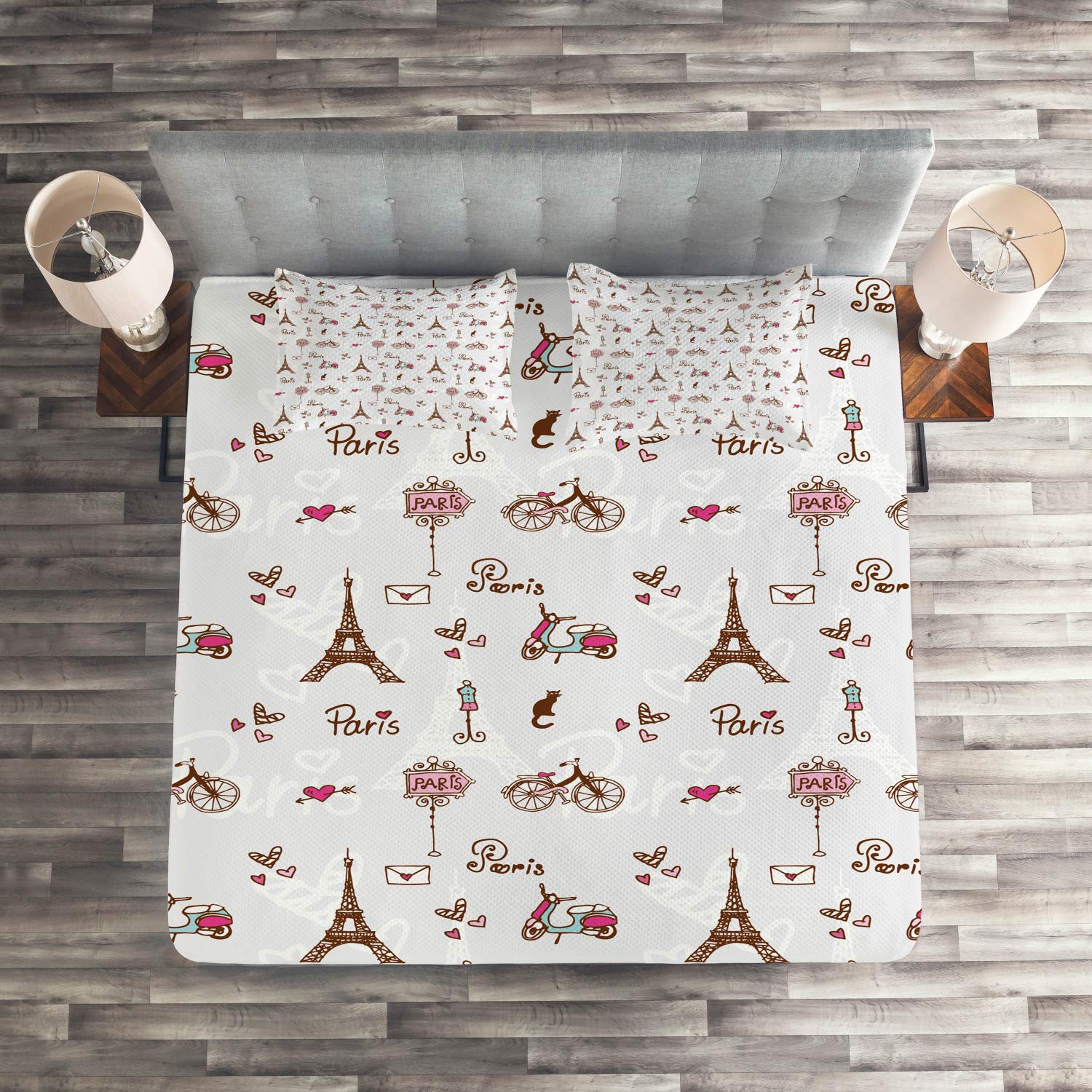 Ambesonne Paris 3-Piece Quilted Bedspread Set with 2 Pillow Shams - King Size Redwood Pearl Pink, Romantic Eiffel Tower Heart Print, French-Inspired Home Decor | Perfect for Master Bedroom, Guest Room & Paris-Themed Weddings