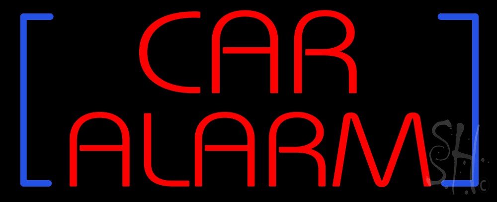 Premium Red Car Alarm LED Neon Sign 13x32 Inches with Blue Brackets - Black Square Acrylic Backing & Dimmer - Bright Indoor LED Neon Light for Computer Store, Electronics Shop, Gaming Room, and Man Cave Decor