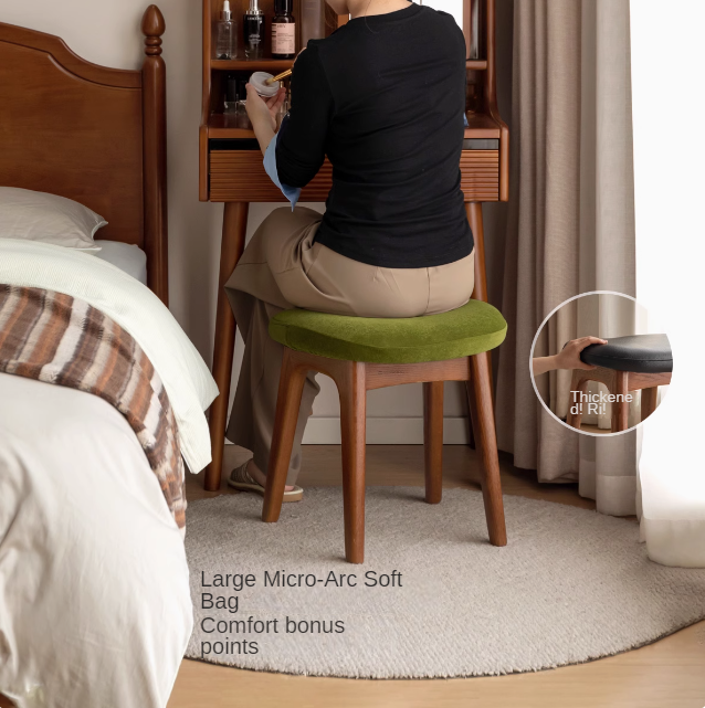 Solid Oak & Cherry Wood Makeup Stool - Natural Wood Vanity Seat with Storage for Bedroom, Bathroom & Dressing Room