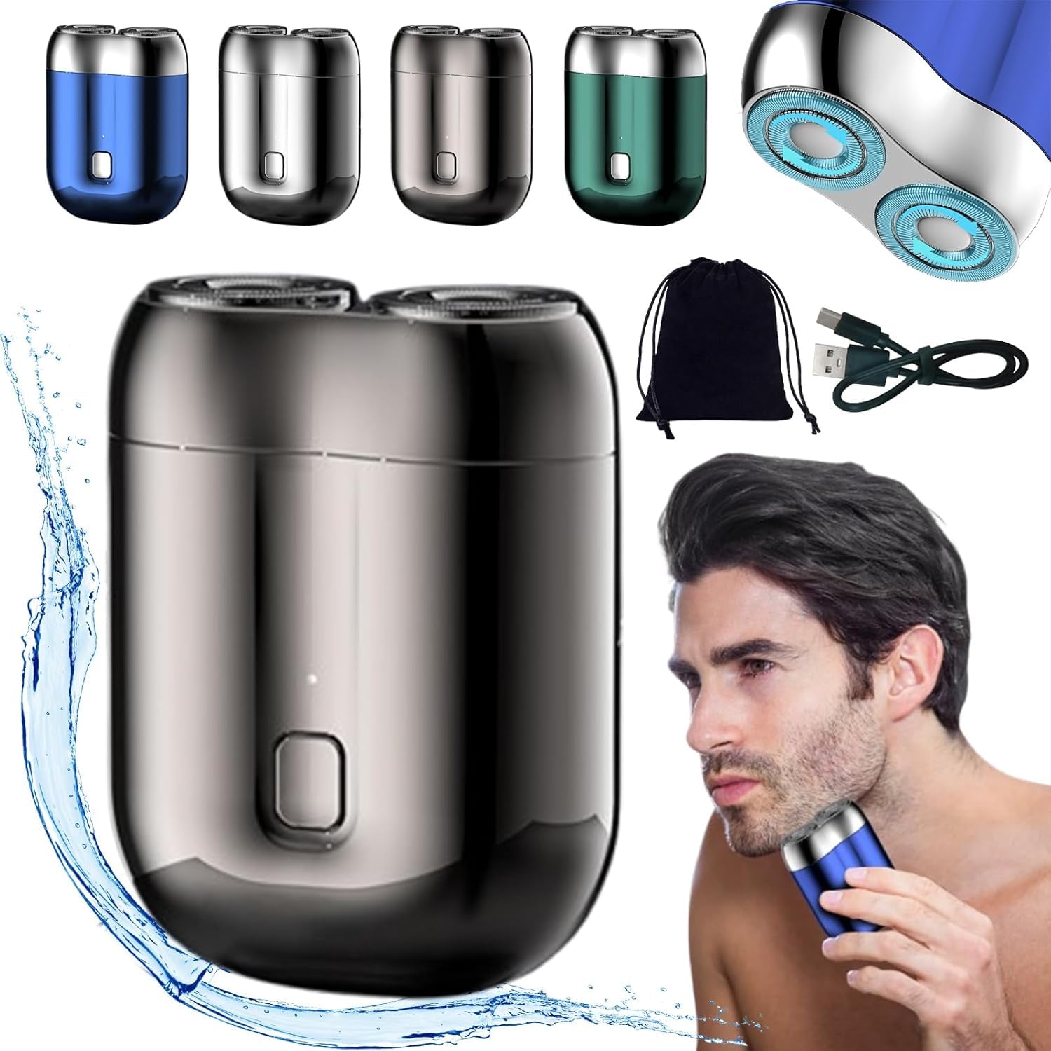 Portable Mini Electric Shaver for Men - USB-C Rechargeable, IPX7 Waterproof, Dual Head Wet/Dry Shaving - Home & Travel Use, Silver (Ideal for Business Trips, Gym, and Daily Grooming)