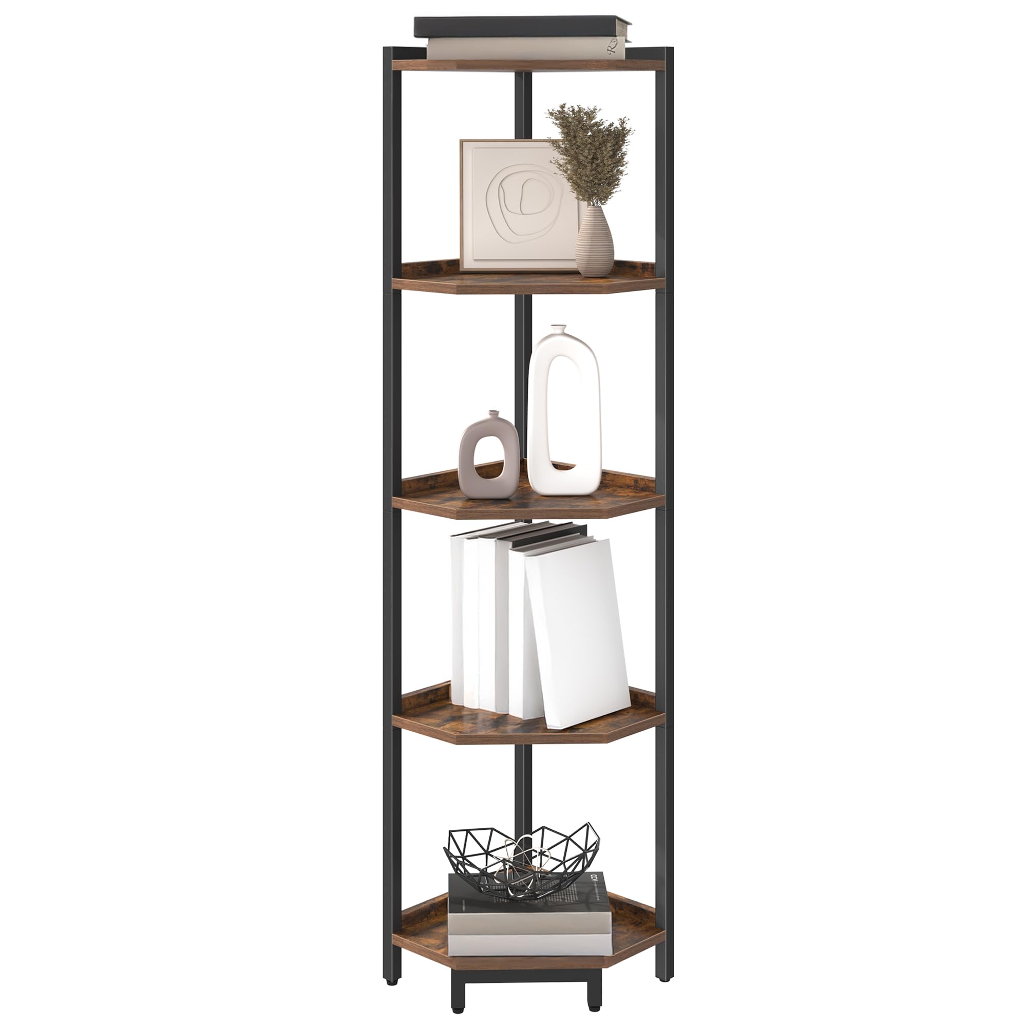 5-Tier Rustic Brown Corner Shelf Stand - Metal Frame Storage Bookshelf for Living Room, Home Office & Bedroom | Ideal for Plants, Books & Home Decor Organization