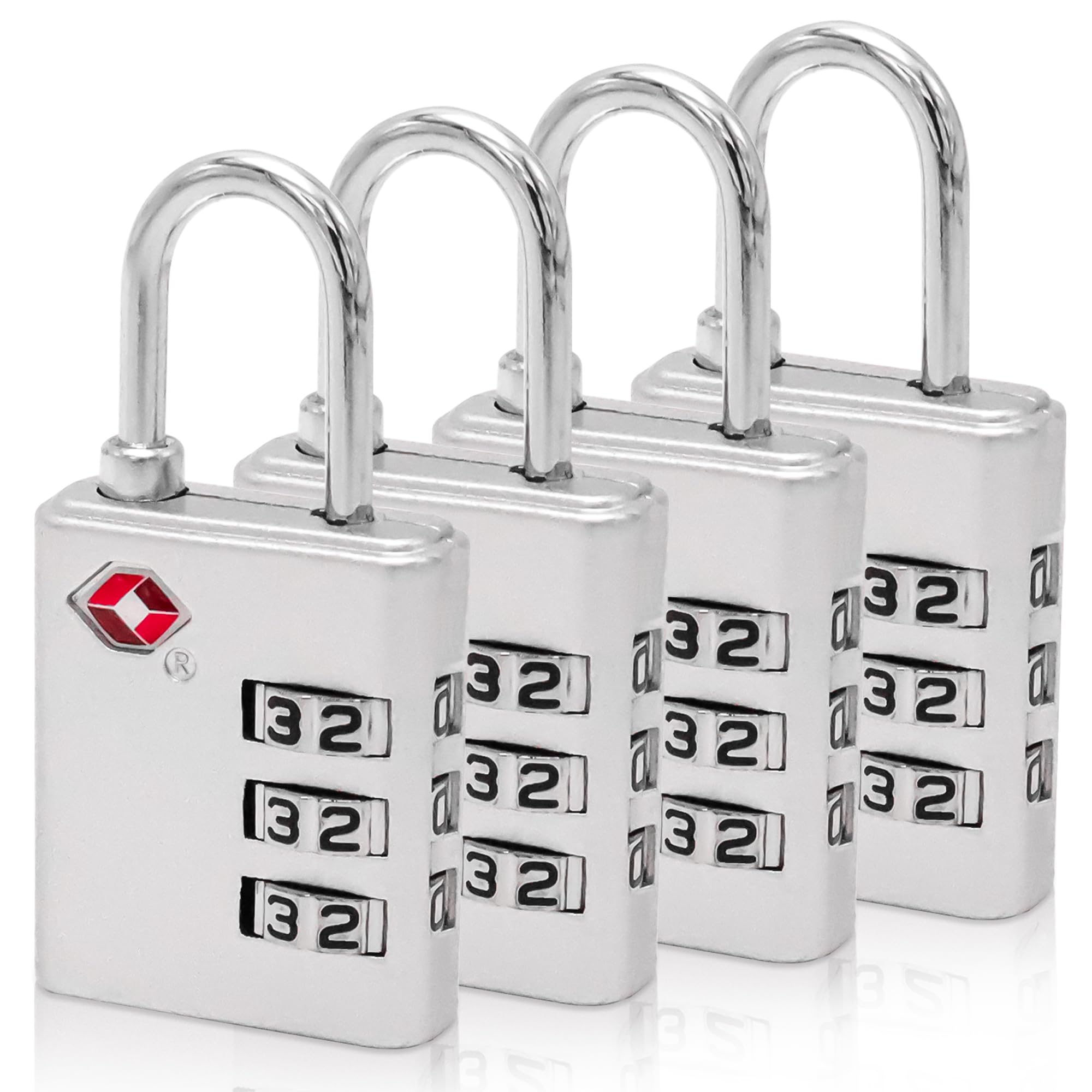 TSA Approved Luggage Locks 4 Pack - Secure Combination Suitcase Locks with Durable Alloy Body for Travel Bags, Backpacks & Briefcases - Silver Travel Accessories for Airports, Hotels & Business Trips
