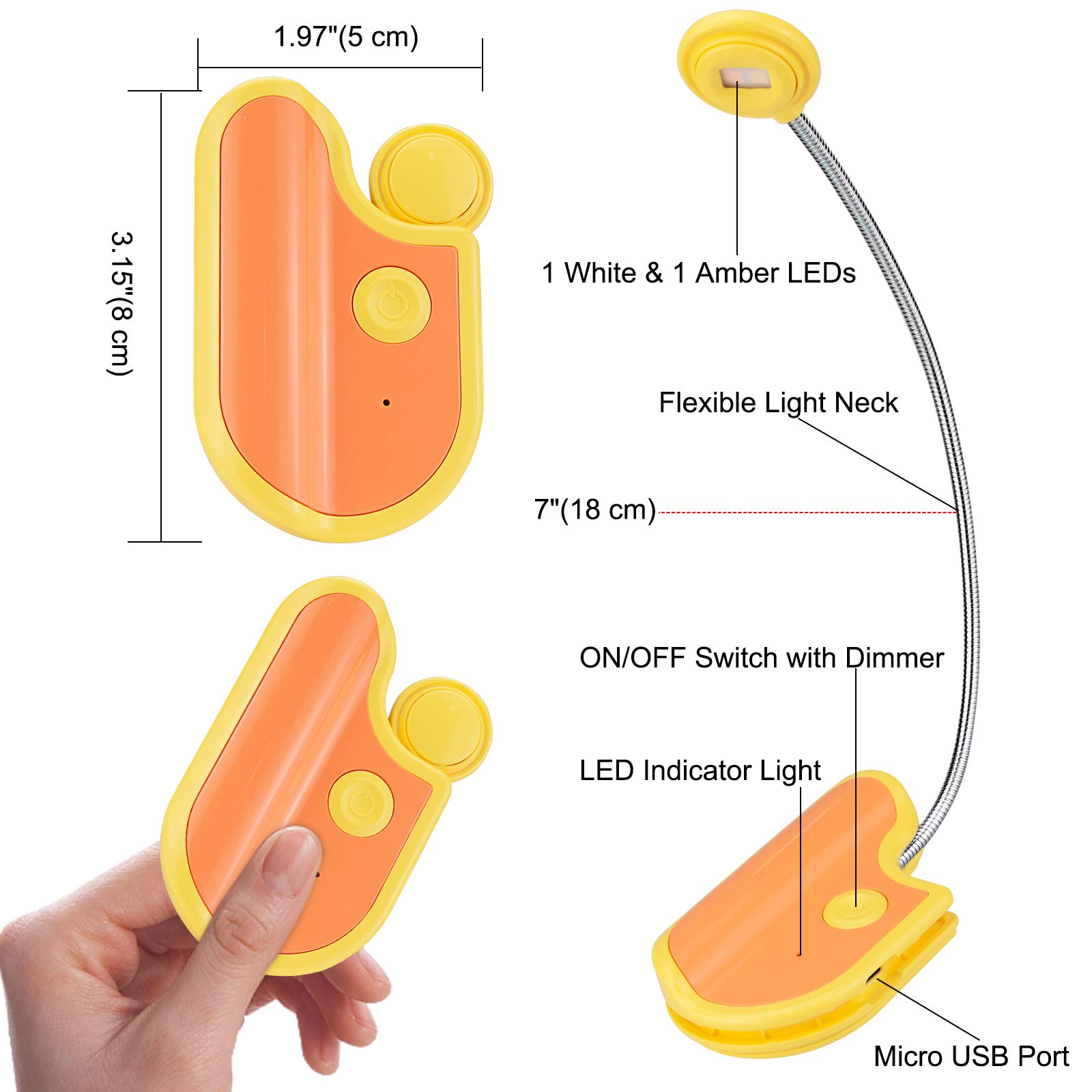 BIGMONAT Rechargeable Book Light for Reading in Bed - Collapsible Amber LED Reading Lamp with 360° Adjustable Neck, Wireless Clip-On Light for Books, Night Reading, Studying, Travel (Yellow, Portable)