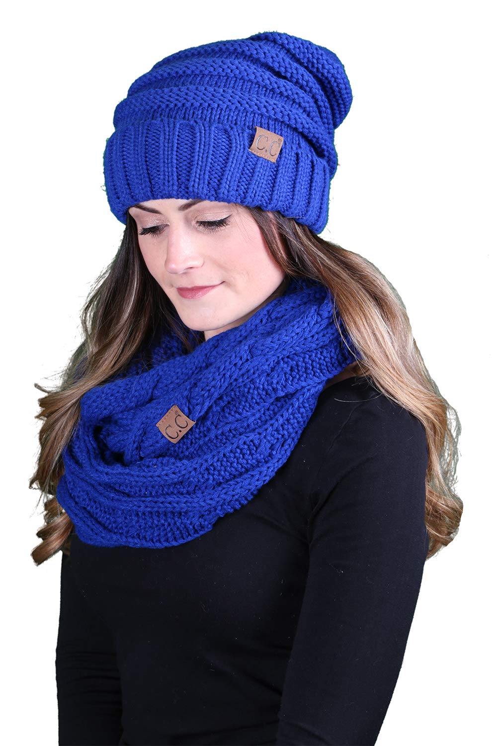 Funky Junque Matching 2-Pack: Oversized Beanie & Infinity Scarf Set - Royal Blue Winter Accessories for Women | Cozy Outfit Combo for Cold Weather Fashion