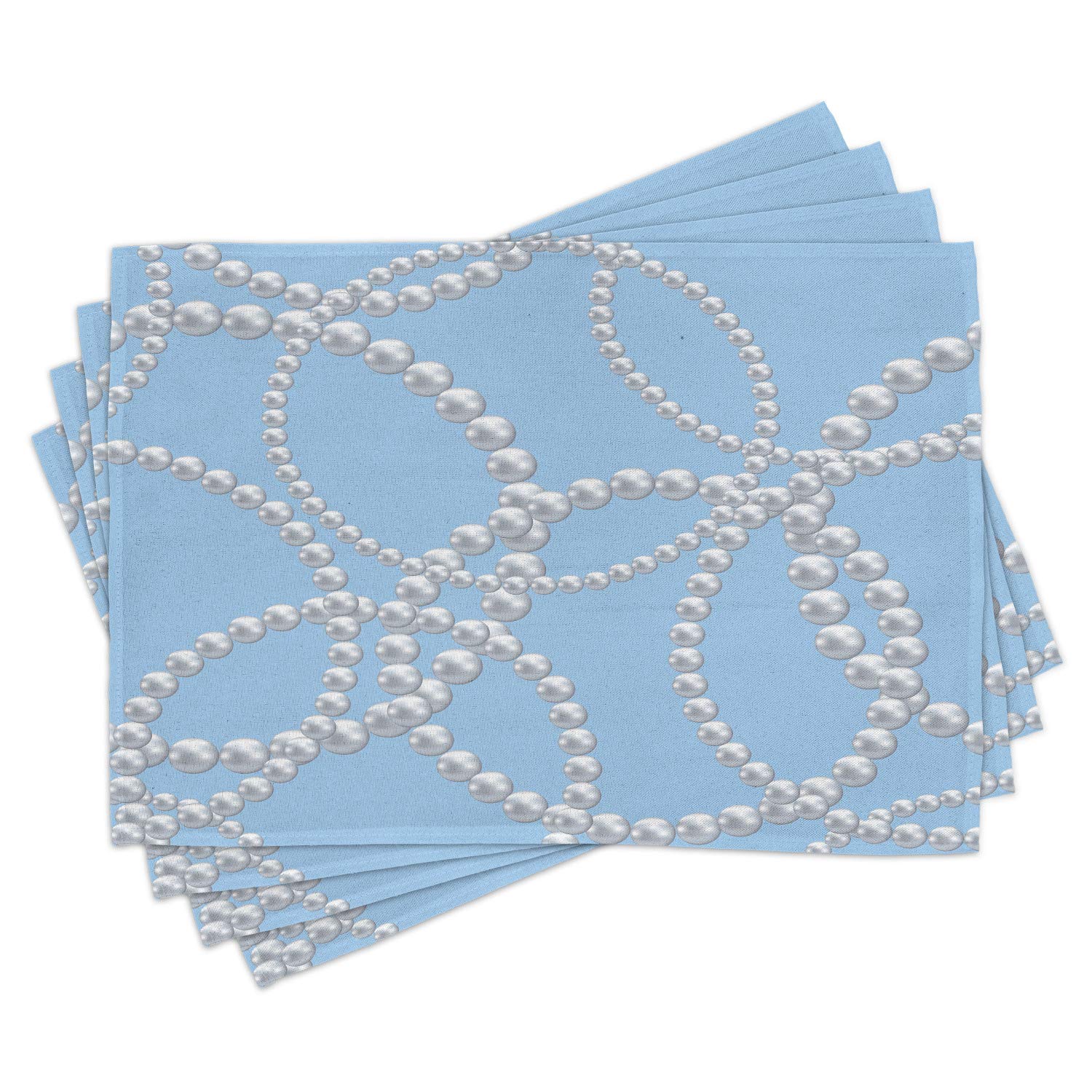 Ambesonne Pearl Jewelry Themed Place Mats Set of 4 - Elegant Pearl Necklace & Bracelet Design for Women, Bridal Shower & Wedding Decor - Washable Fabric Table Mats for Dining Room - Standard Size 12x18 Inches - Pale Blue & White - Perfect for Dinner Parties, Bridal Showers & Formal Dining