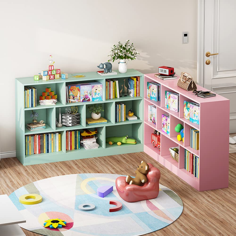 IOTXY 3-Tier Open Shelf Bookcase - Wooden Floor Standing Display Cabinet with 8 Cubes, Short Horizontal Bookshelf Organizer in Tiffany Green for Living Room, Bedroom & Office Storage