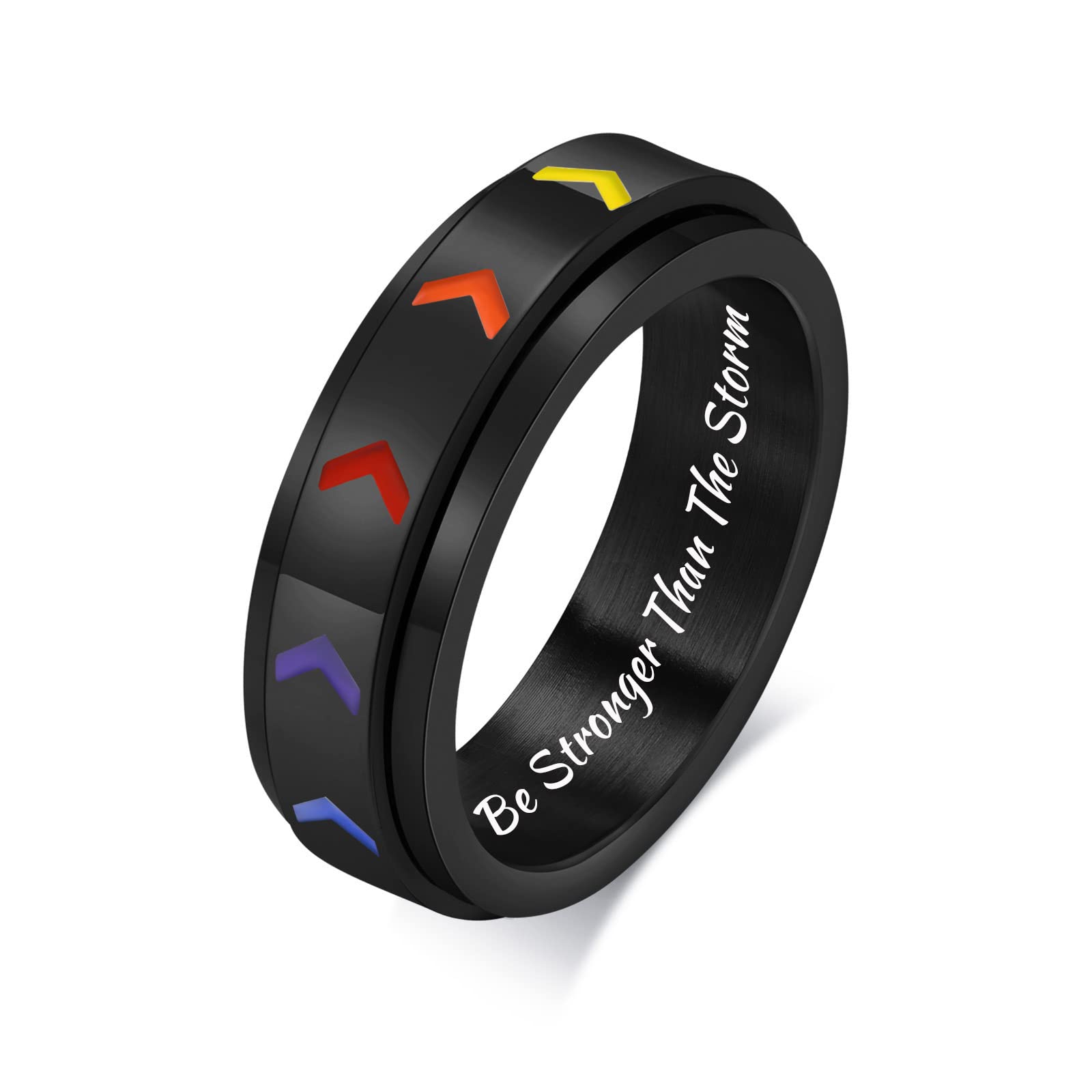 Stainless Steel Inspirational Spinner Ring - 'Be Stronger Than The Storm' Motivational Jewelry for Teens & Adults (Size 6-12) | Rainbow Arrow Rotating Band for Women & Men | Perfect Graduation Gift, Daily Wear & Stress Relief