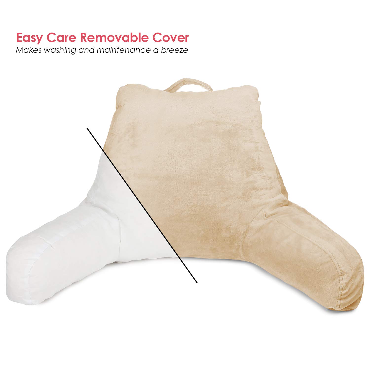 **Clara Clark Kids Reading Pillow - Memory Foam Back Support Pillow for Sitting Up in Bed, Beige Cream Gaming Pillow with Arms & Pockets - Perfect for Reading, Gaming & Relaxing in Bed**