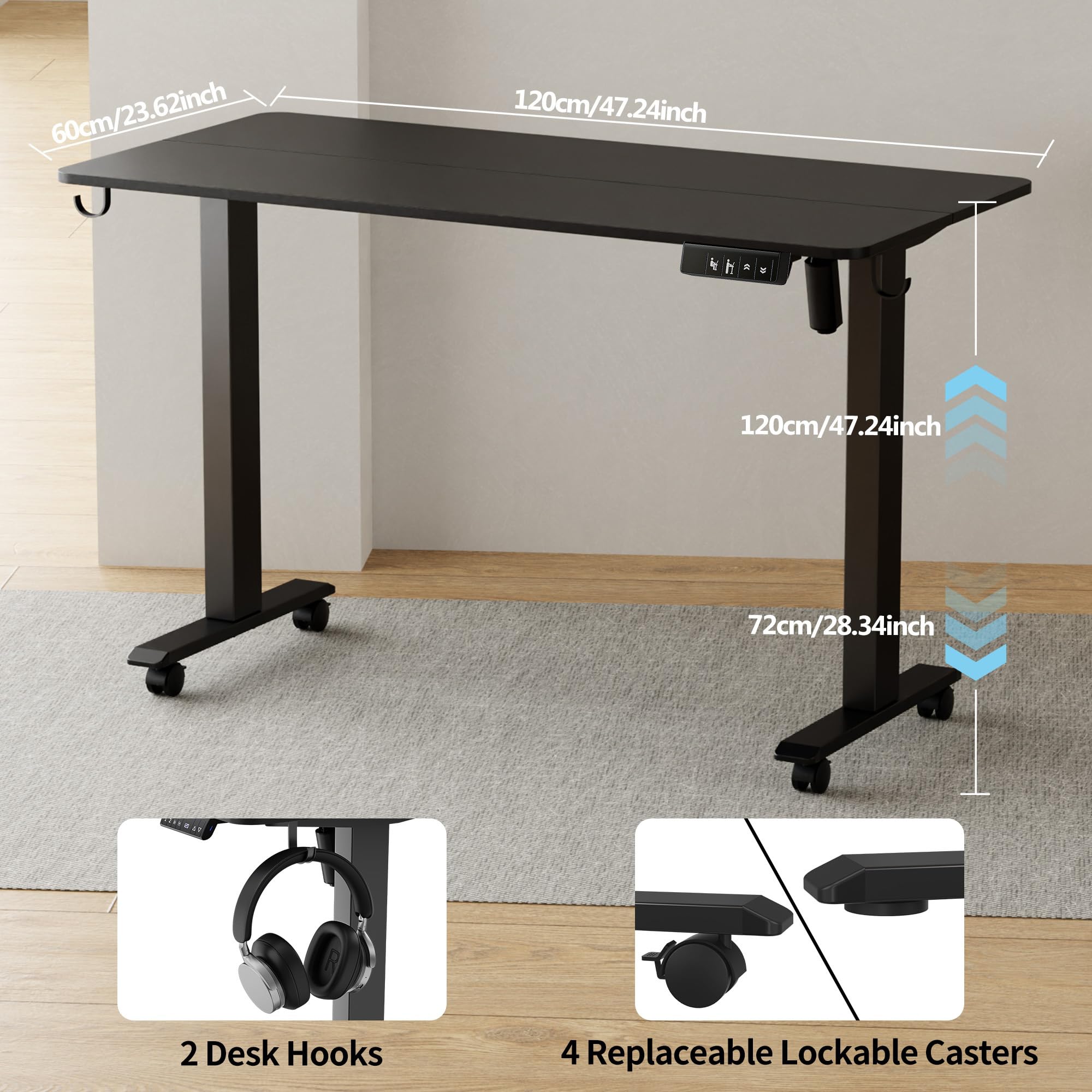 TIQLAB 47 x 24 Inch Electric Standing Desk - Height Adjustable Office Desk with Splice Board & Casters, Black Frame & Black Top - Perfect for Home Office, Gaming & Remote Work Setup