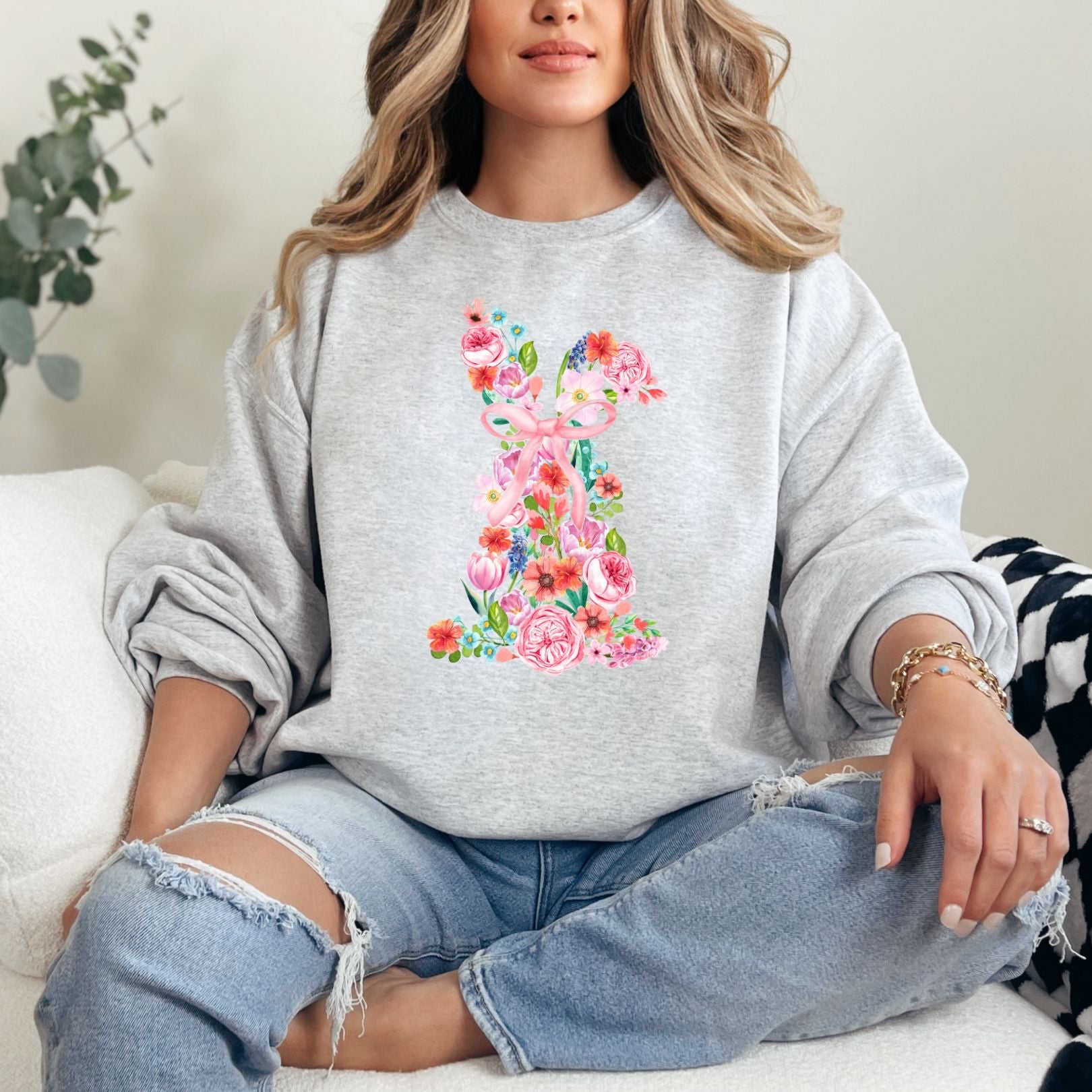 Pink Floral Bunny Graphic Sweatshirt for Women - Cute Spring Pullover with Bunny Design - Perfect for Easter, Casual Outfits & Cozy Loungewear