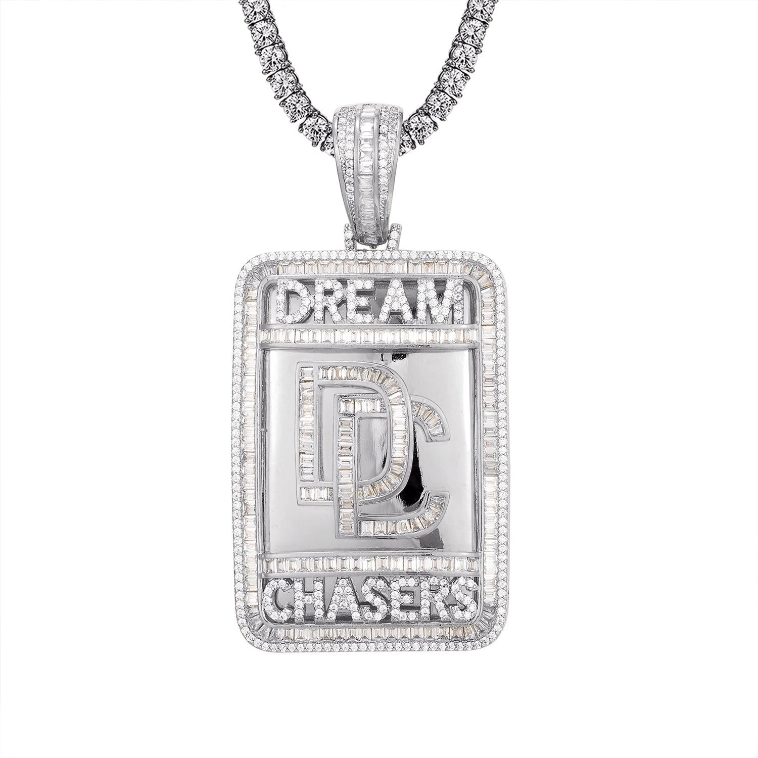 Dream Chasers Dog Tag Necklace - Sterling Silver Baguette Icy Pendant for Men & Women - Perfect for Everyday Wear, Gifts & Special Occasions