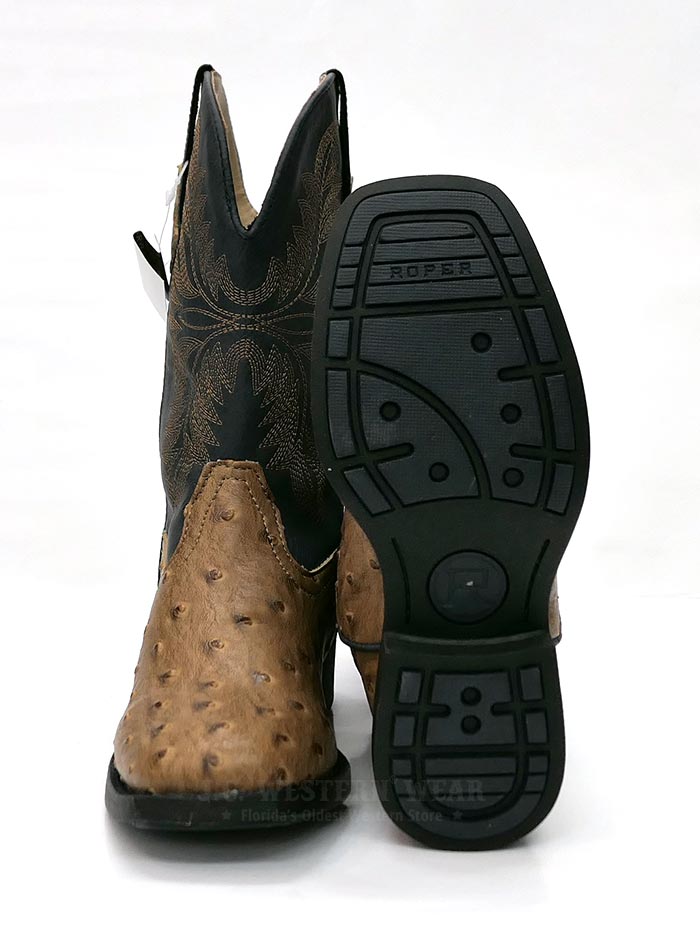 Roper 1526TA Kids Cowboy Boots - Western Square Toe Ostrich Leather Boots for Boys & Girls in Tan/Navy - Perfect for Rodeo, Horse Riding & Country Style Outfits