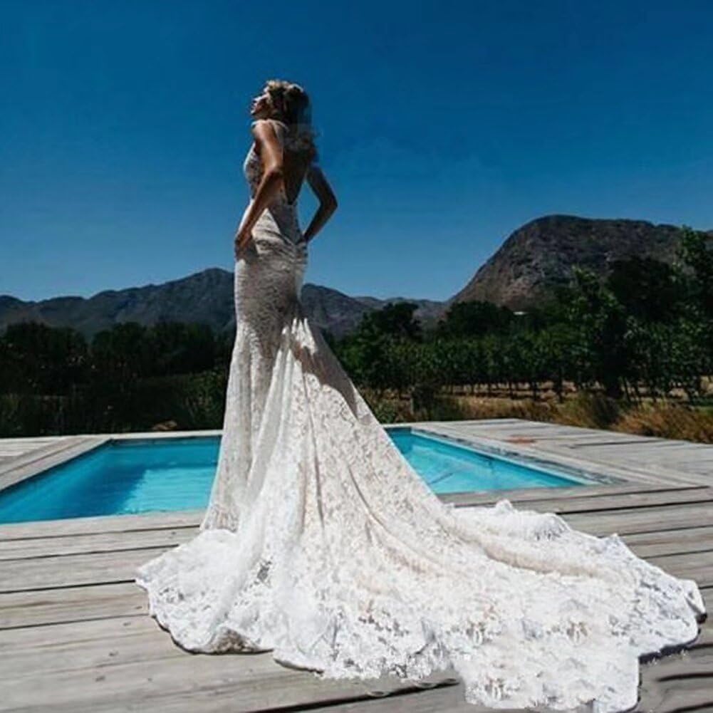 Bohemian Mermaid Wedding Dress with Lace Detailing - Ivory Beach & Garden Bridal Gown with Hidden Pockets | Perfect for Outdoor, Destination & Boho Chic Weddings