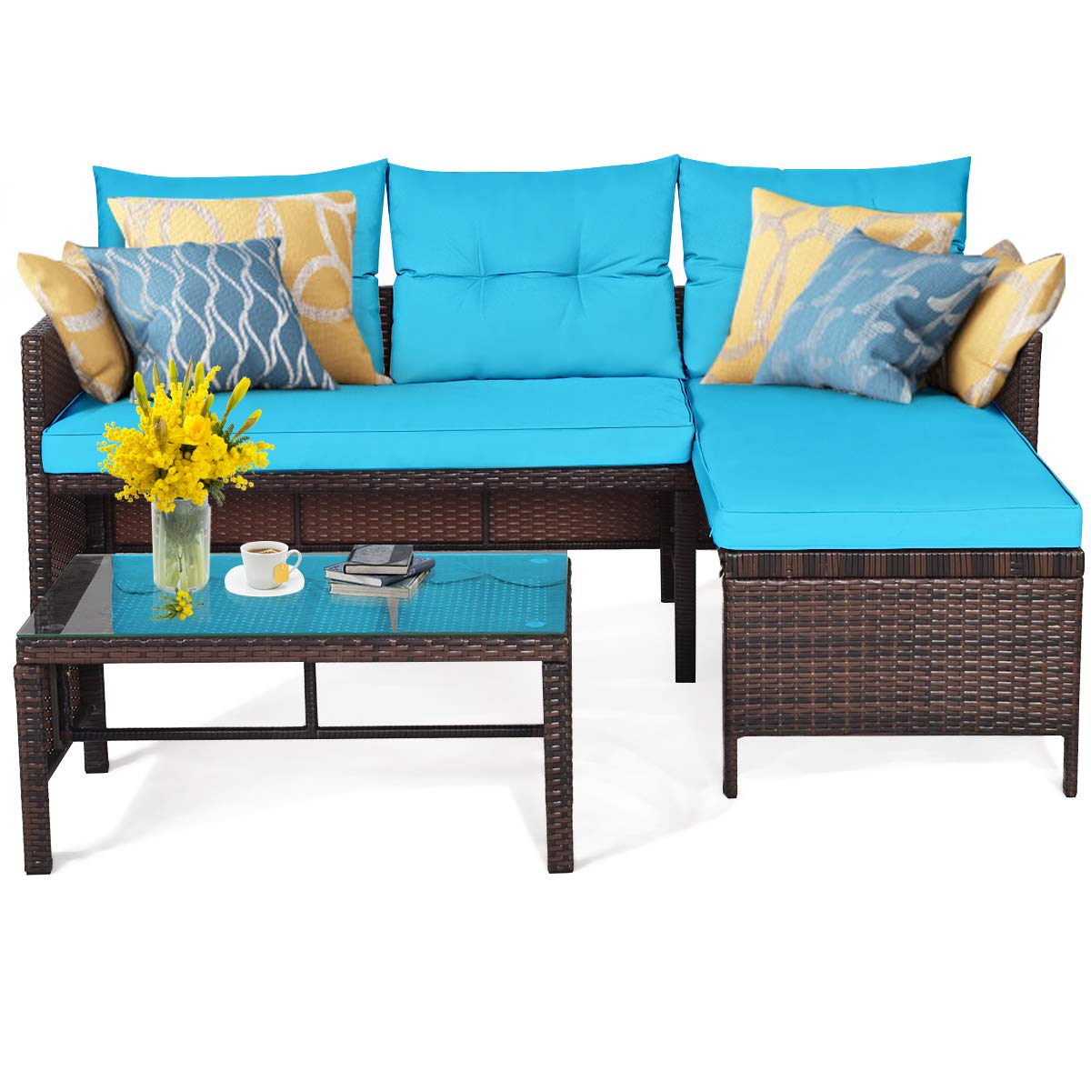 All-Weather Moccha Patio Furniture Set - 5-Piece Outdoor Sectional Sofa with Lounge Chaise, Loveseat & Coffee Table - Durable Rattan Wicker Couch with Washable Cushions - Turquoise Garden, Backyard, Lawn & Poolside Furniture for Relaxation