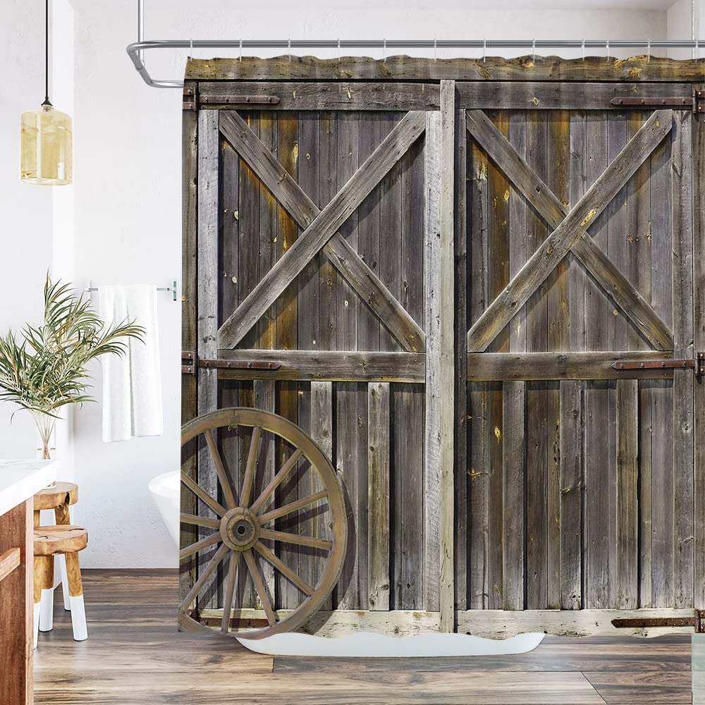 Rustic Barn Door Shower Curtain - Farmhouse Wood Plank Design, Vintage Retro Country Style Polyester Fabric Bathroom Decor Set with Hooks, 70W x 70H Inches - Perfect for Farmhouse, Cottage, and Rustic Bathroom Decor