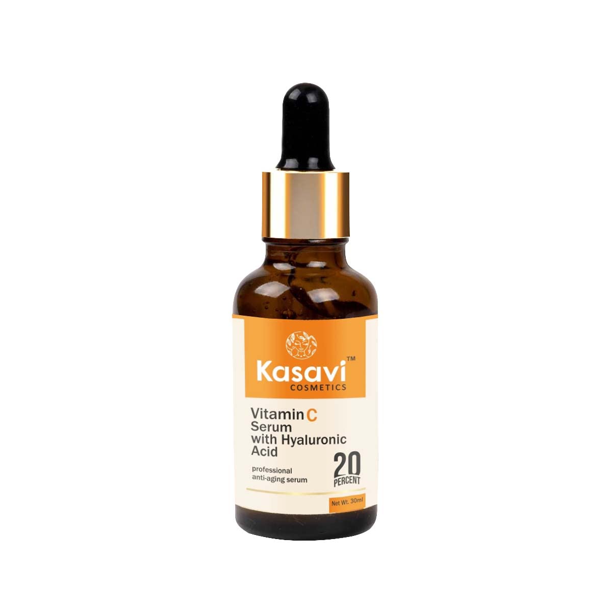 Kasavi Vitamin C Face Serum with Hyaluronic Acid - 30ml Brightening & Hydrating Facial Treatment for Glowing Skin | Day & Night Use for All Skin Types | KSVCS-001