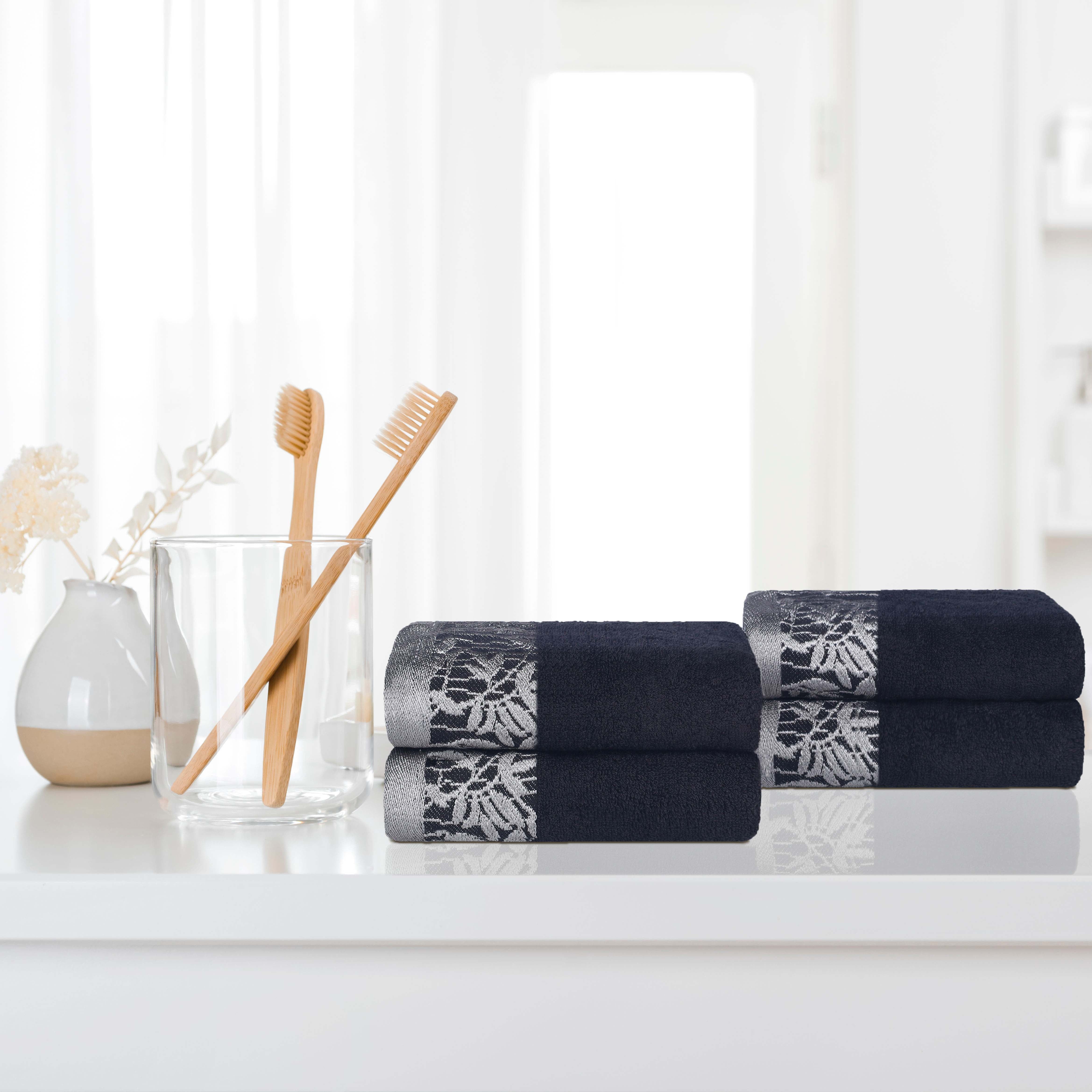 Premium Wisteria Cotton Floral Embroidered Jacquard Border Hand Towels - Set of 4 | Soft Absorbent Bathroom & Kitchen Towels for Guest Bath, Powder Room, and Luxury Home Decor