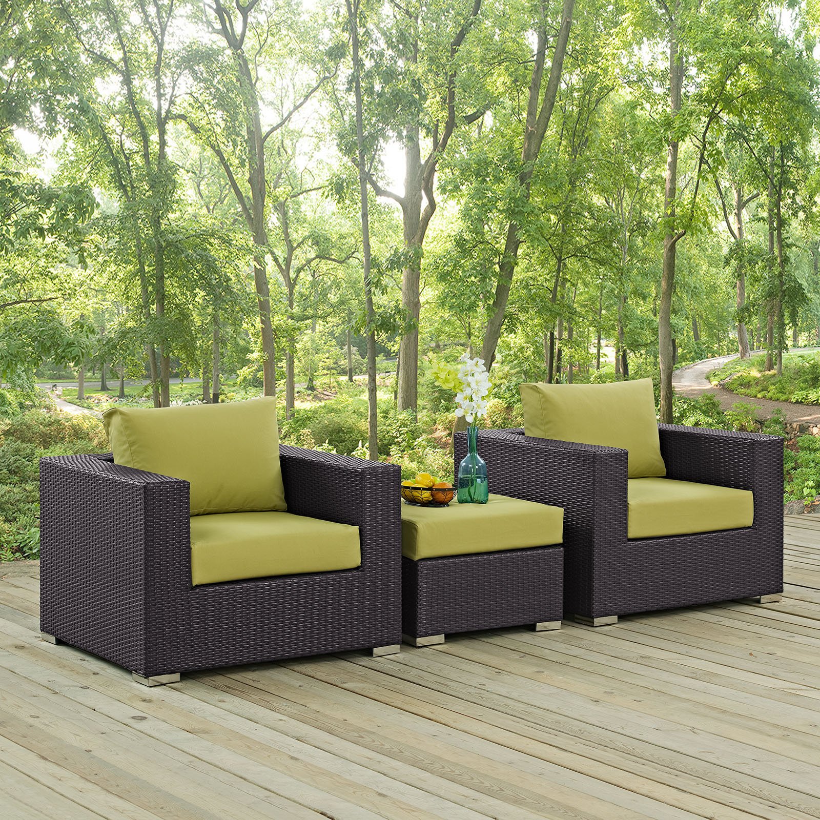 Modway Convene 3-Piece Wicker Rattan Outdoor Patio Furniture Set - Espresso & Peridot Color - Perfect for Backyard, Garden, Poolside or Balcony Relaxation