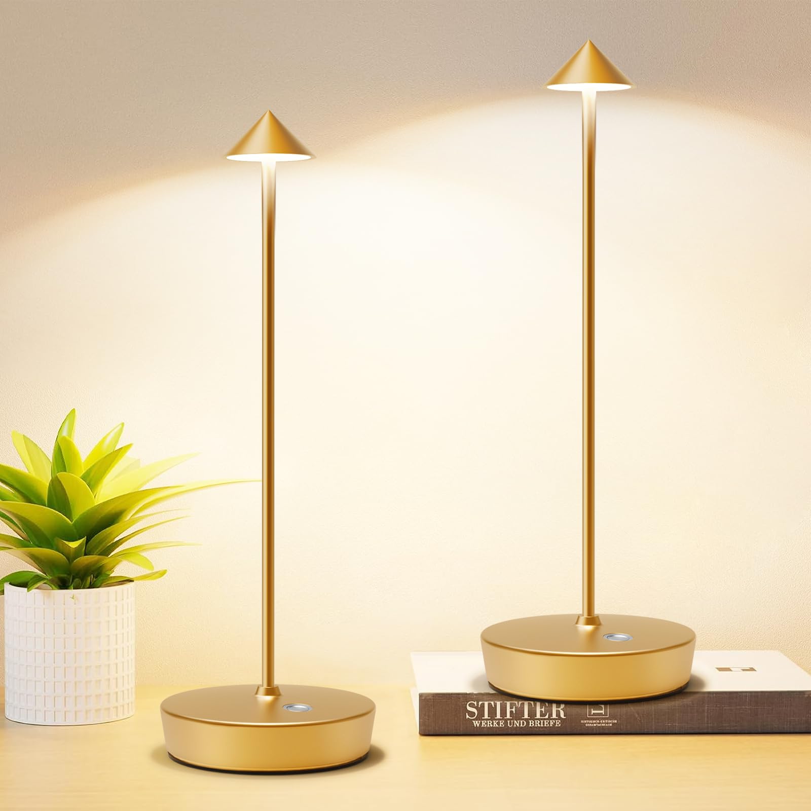 2 Pack Rechargeable Cordless LED Table Lamp - 6000mAh Battery Operated Desk Light with Touch Control, 3 Color Temperature & Dimmable - Waterproof Portable Lighting for Patio, Restaurant, Dining Room, Bedroom, Office, Camping (Gold)