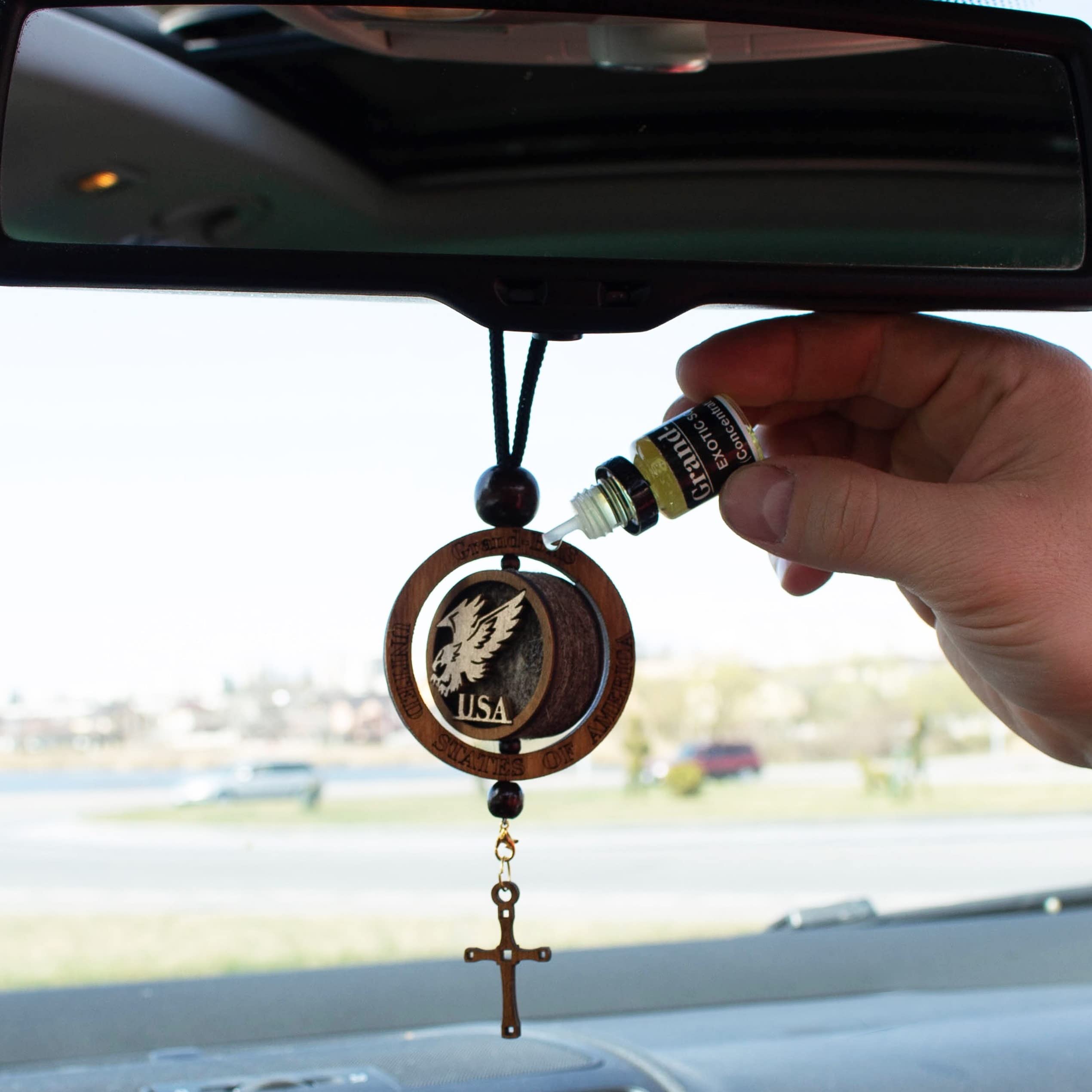 Grand-BAS Wooden Car Air Freshener with Essential Oil - 5ml Natural Aroma Diffuser, Cute Hanging Car Accessories & Rear View Mirror Decor (American Eagle Style, Orange, 3-Pack) - Perfect for Road Trips, Office & Home Fragrance