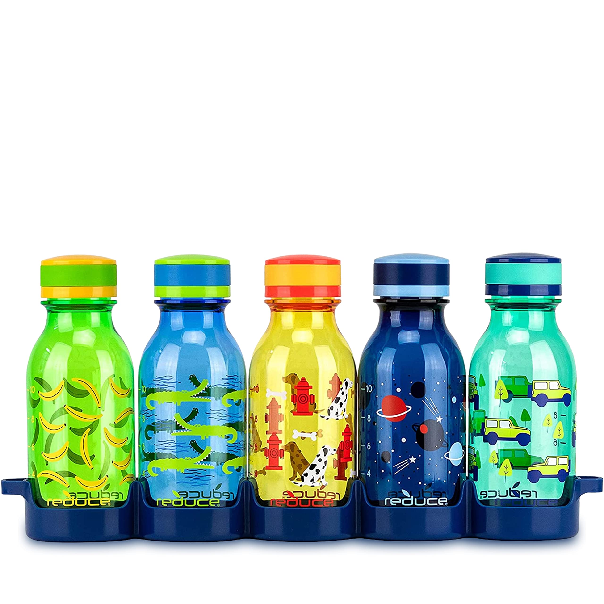 REDUCE WaterWeek 14 oz Refillable Tritan Plastic Water Bottles - 5 Pack Leak Proof BPA-Free Water Bottles with Fridge Storage Tray - Perfect for School, Gym, Office, Travel & Home Use - Reusable Sports Drink Bottles for Kids & Adults