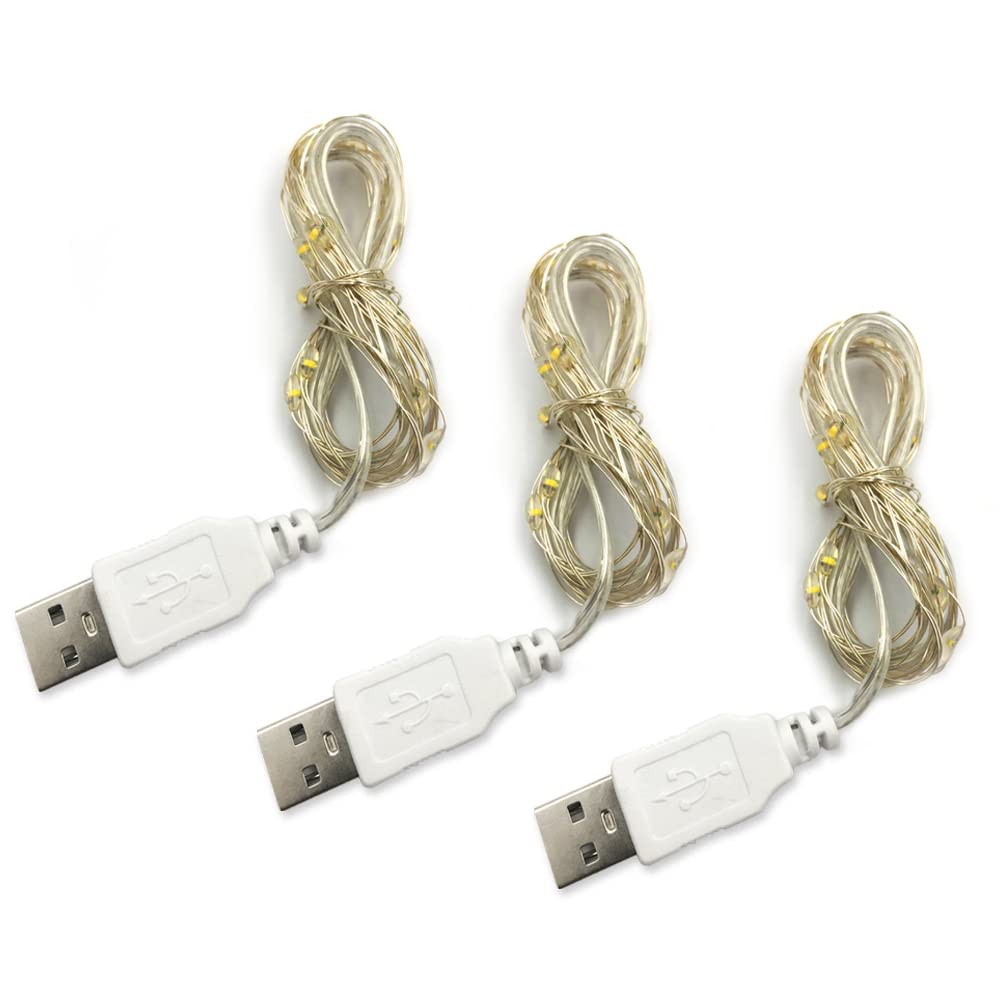 3 Pack USB Fairy Lights - 2 Meters 20 LED Warm Yellow String Lights for Christmas Decor, Bedroom, Party & Wedding | USB Powered Indoor/Outdoor Decorative Lighting