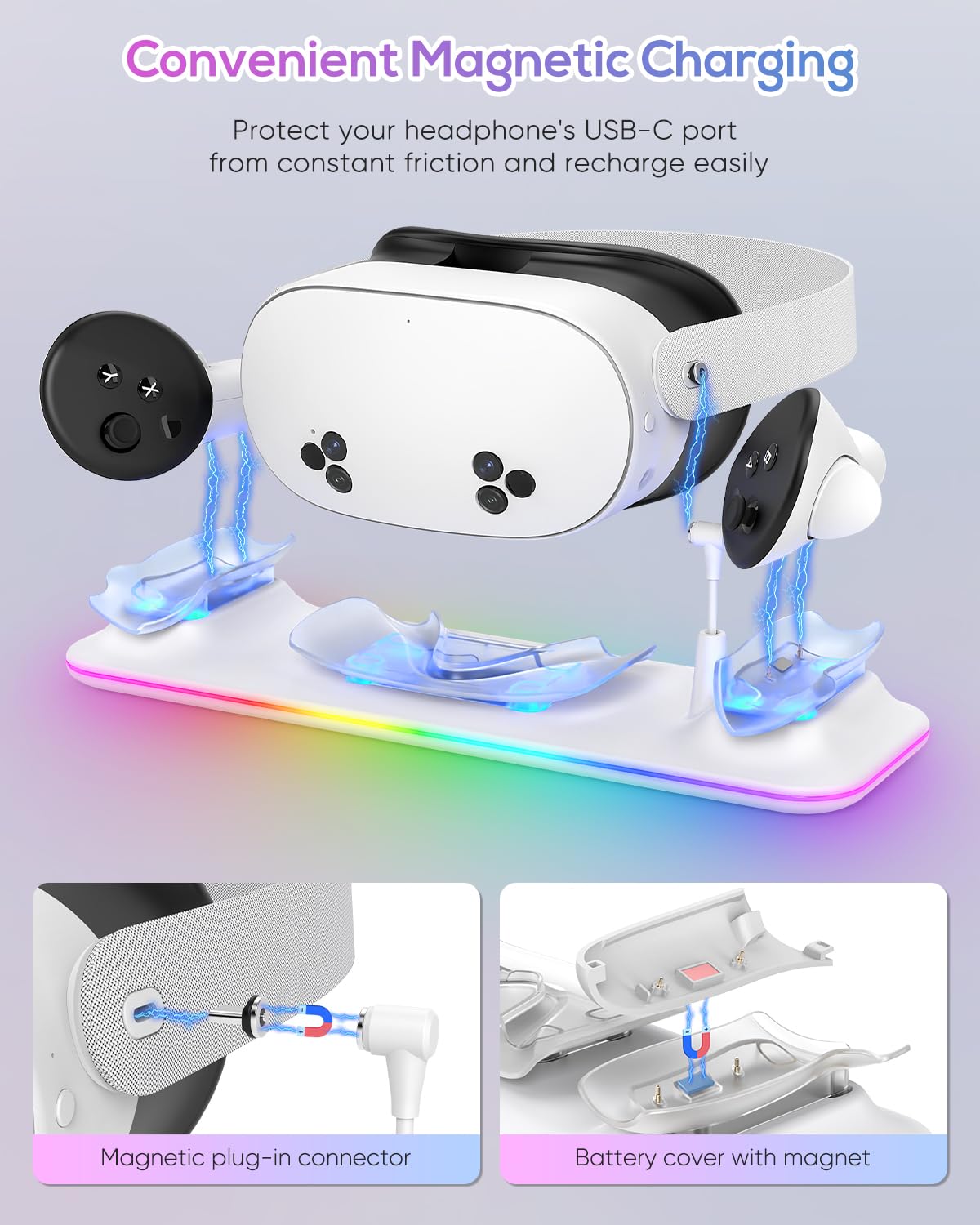 Meta Quest 3S/3 Charging Dock with RGB Lights - Magnetic Charging Station for Oculus Quest 3S/3 VR Headset & Controllers - Includes 2 Rechargeable Batteries - Perfect for Gaming, VR Entertainment & Home Theater Setup