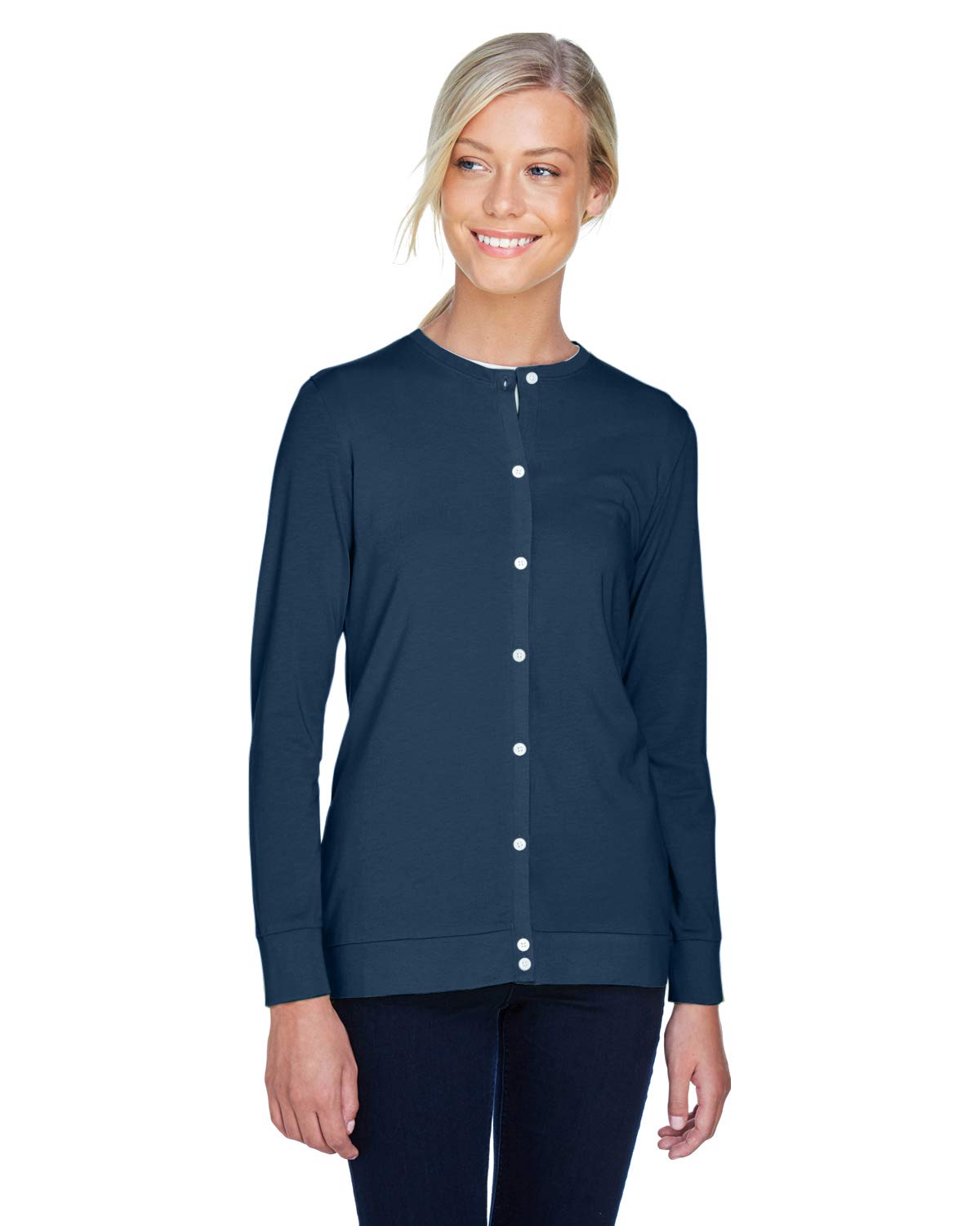 Devon & Jones Women's Perfect Fit Ribbon Cardigan - Soft Knit Sweater for Layering, XS, Navy Blue | Casual Office Wear & Fall Fashion