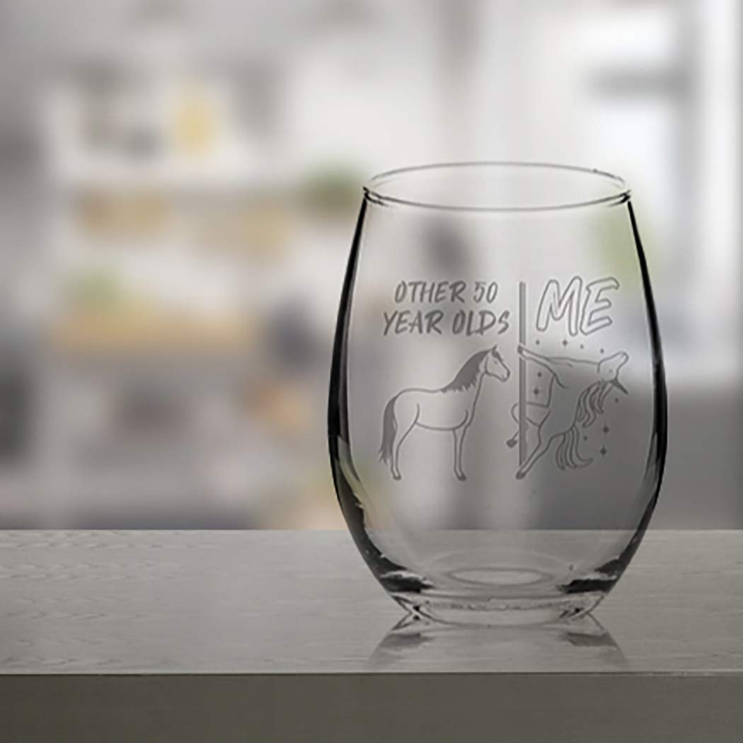 Veracco Unicorn Stemless Wine Glass - 50th Birthday Gift for Men & Women, Fifty and Fabulous (Clear Glass) - Perfect for Birthday Parties, Anniversaries & Unique Home Decor