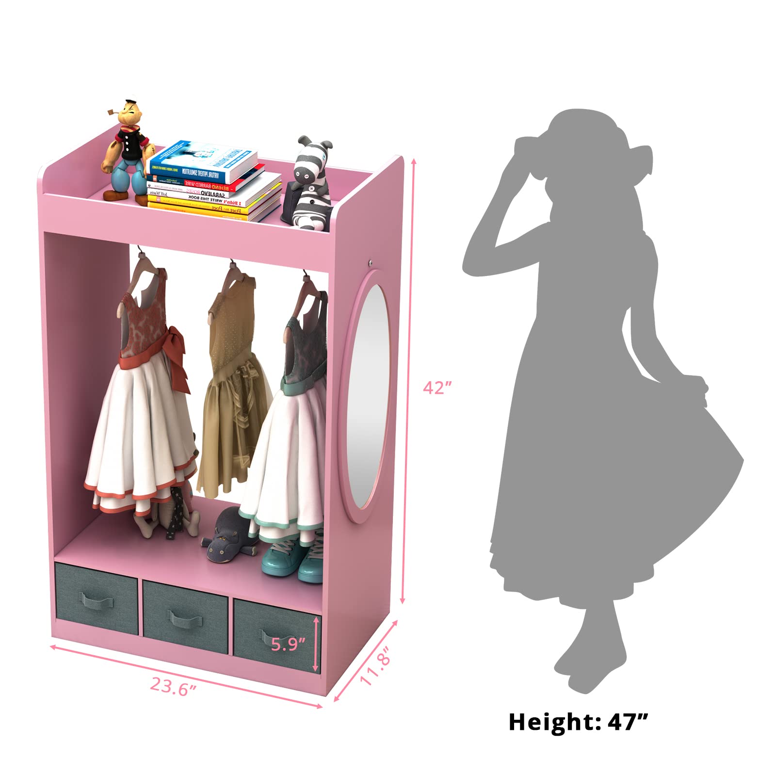 Kids Dress Up Storage Closet with Mirror - Pink Hanging Armoire for Costume Organization | Perfect for Pretend Play, Bedroom Decor & Toy Storage
