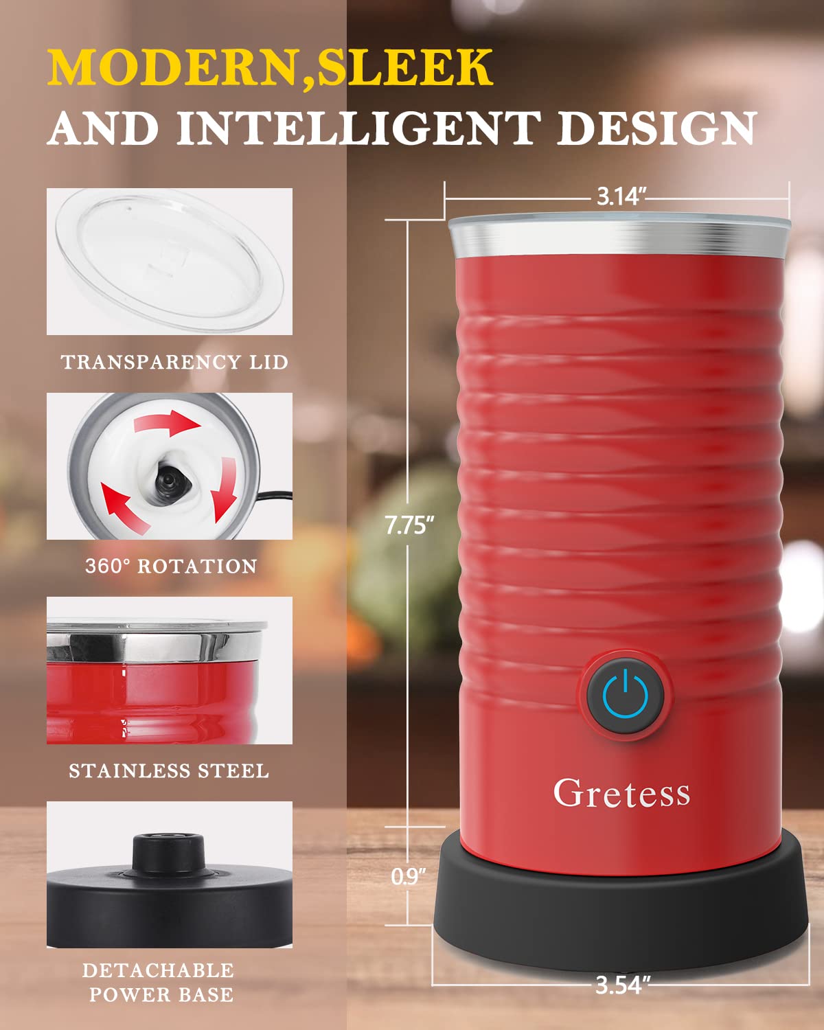 **Gretess 4-in-1 Electric Milk Frother & Steamer for Coffee & Latte - Hot & Cold Froth, Auto Shut-Off, 2 Whisks (Red, JC-A2R) - Perfect for Cappuccinos, Lattes, Hot Chocolate & Matcha Drinks**