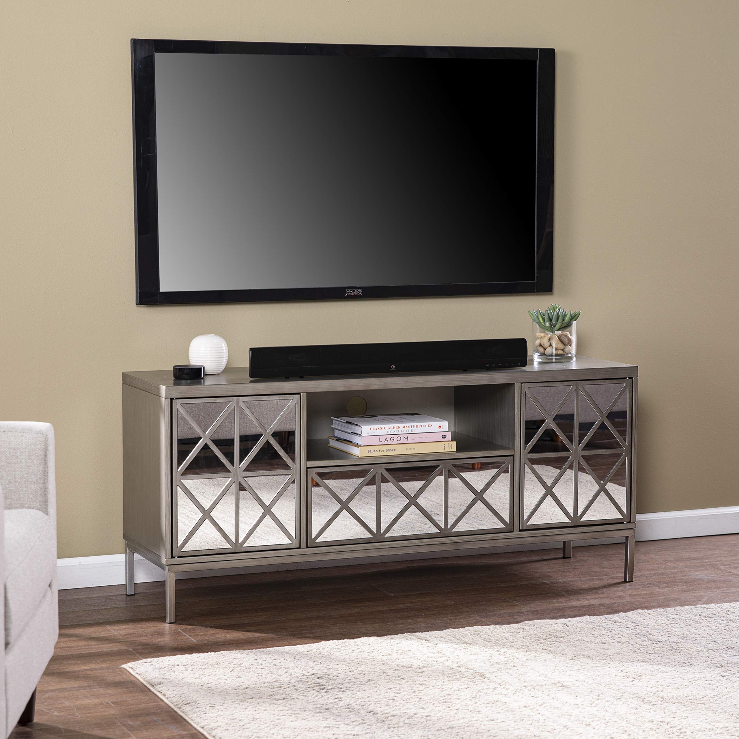 SEI Furniture Downley Storage TV Stand Media Console with Mirror Finish - Silver Modern Entertainment Center for Living Room, Bedroom, or Home Theater