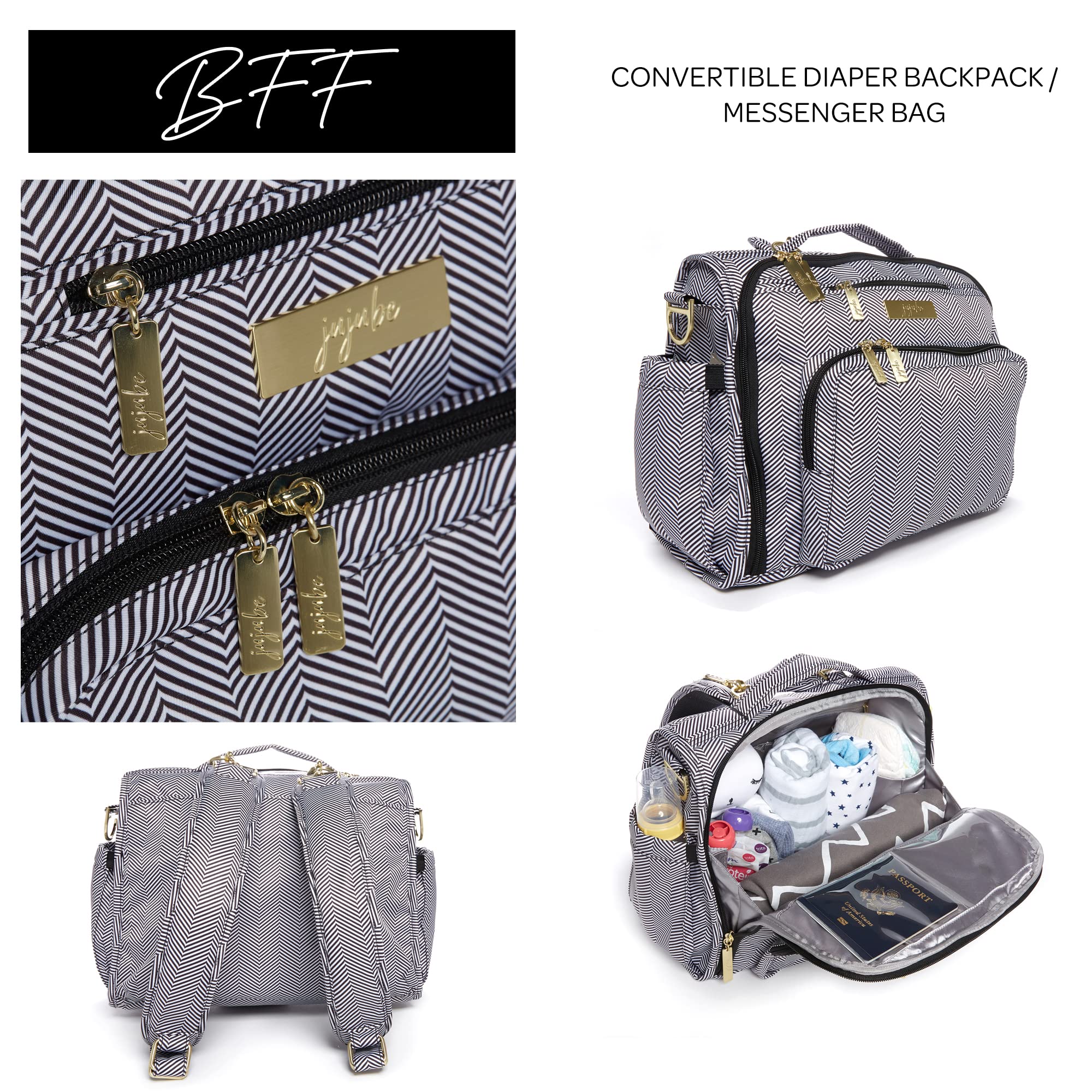 JuJuBe Baby Diaper Backpack - Large Travel Tote with Changing Pad, Stroller Hooks & Multiple Pockets | Perfect for Baby Bottles, Diapers, Pacifiers & Essentials | Ideal for Parenting, Daycare & Family Outings | BFF Queen of The Nile Collection