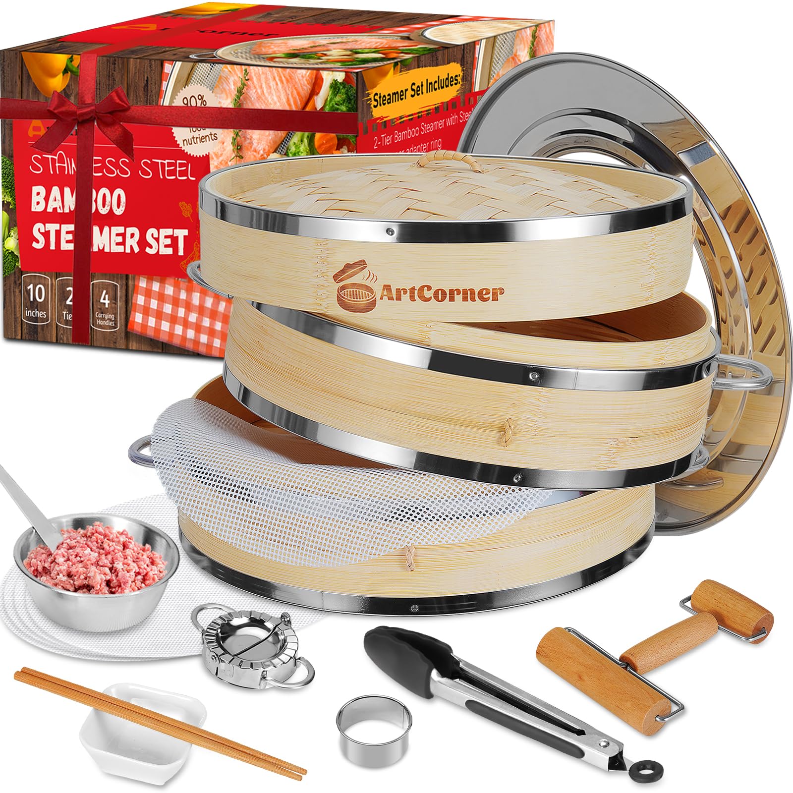 Premium 2-Tier 10-inch Bamboo Steamer Basket Set with Reinforced Rim & Comfortable Handle - Perfect for Steaming Dumplings, Buns, Dim Sum, Potstickers, Asian Cuisine & Vegetables - Ideal for Home Cooking, Meal Prep & Healthy Eating