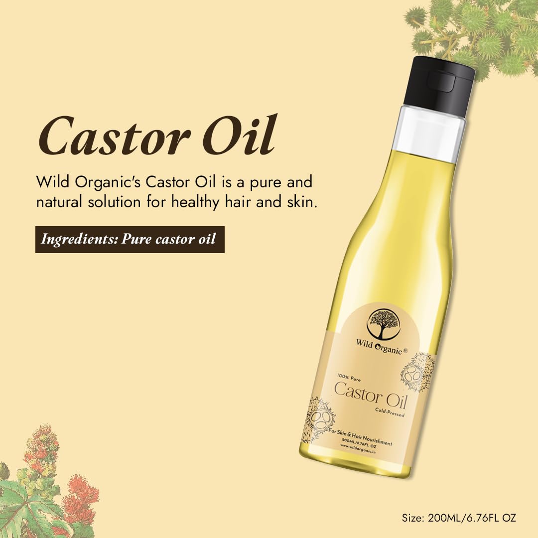 WILD ORGANIC 100% Pure Cold-Pressed Castor Oil for Skin & Hair Care - Moisturizing, Healing, Promotes Hair Growth - 100ml - Perfect for Daily Beauty Routine & Natural Remedies