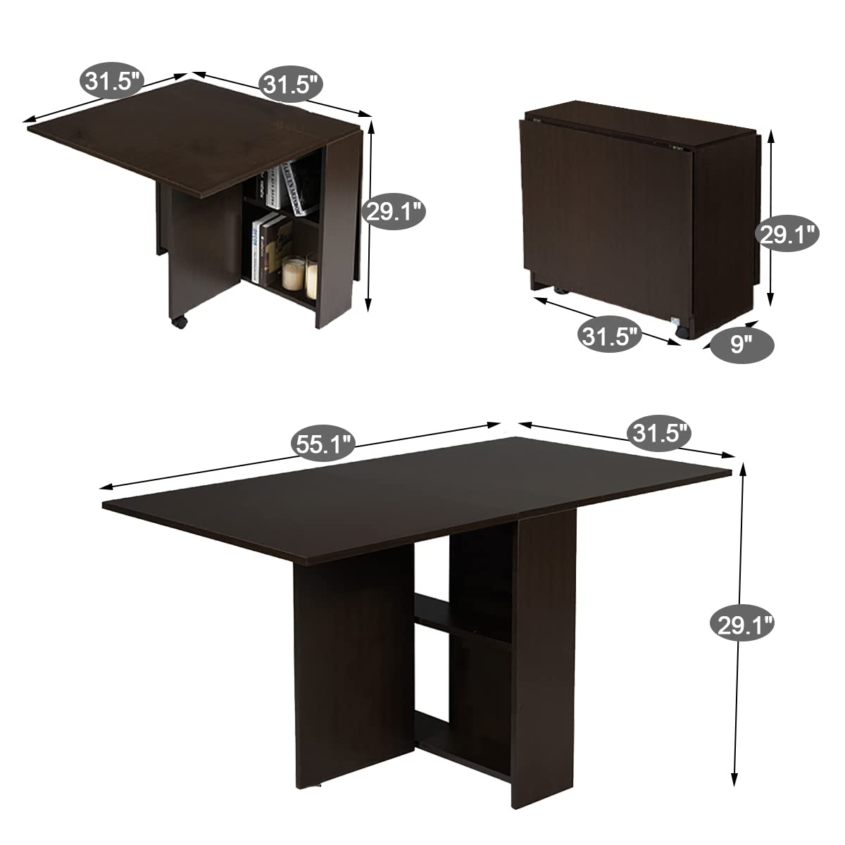 Space Saving Drop Leaf Dining Table with 2-Tier Storage - Folding Extendable Kitchen Table for Small Spaces | Perfect for Apartments, Studio Living & Compact Homes