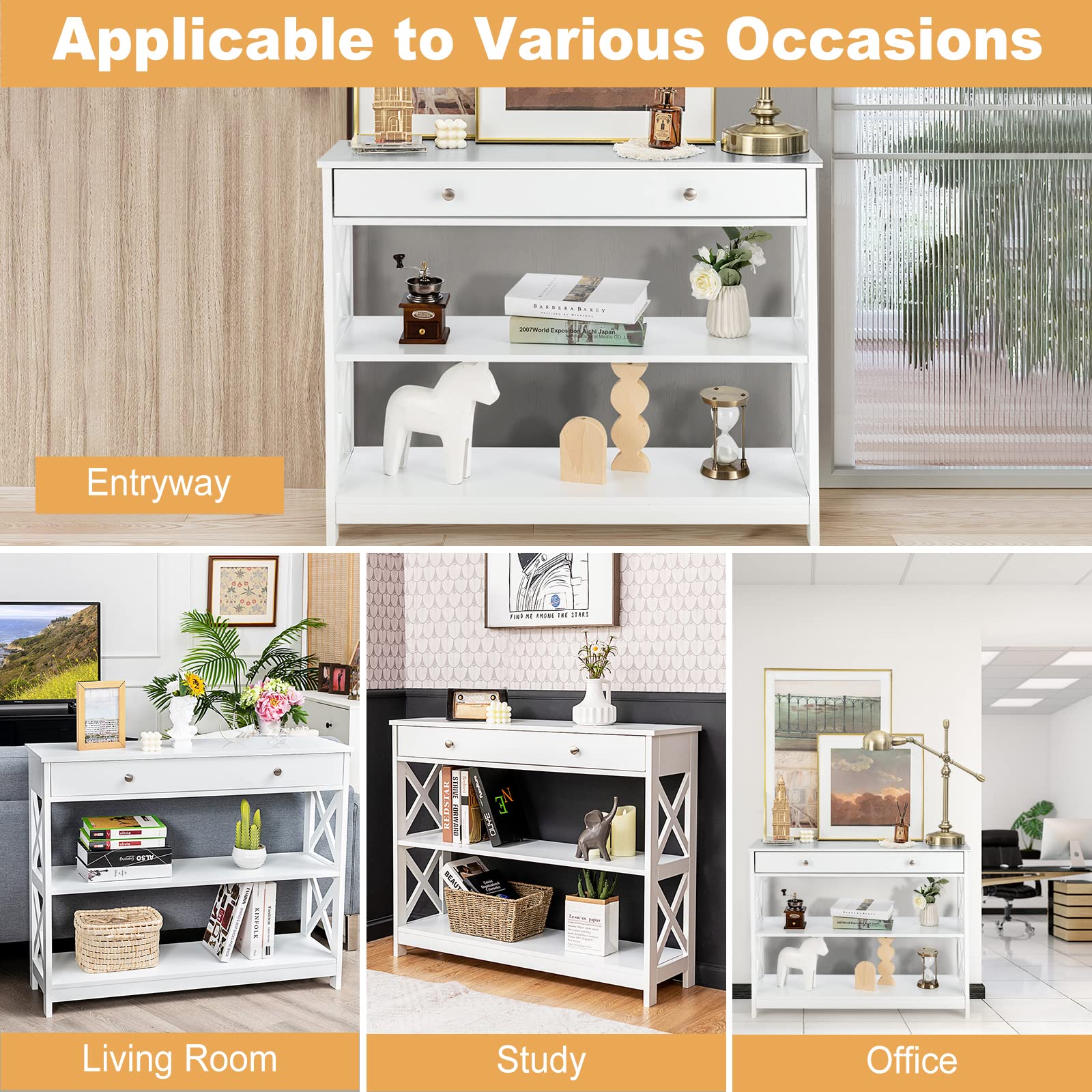 GOFLAME 3-Tier Narrow Sofa Table with Large Drawer & 2 Open Shelves, Modern Wooden Console Table for Entryway, Hallway & Living Room - Stylish Storage Solution for Small Spaces (White) | Perfect for Organizing Keys, Decor & Essentials in Compact Areas