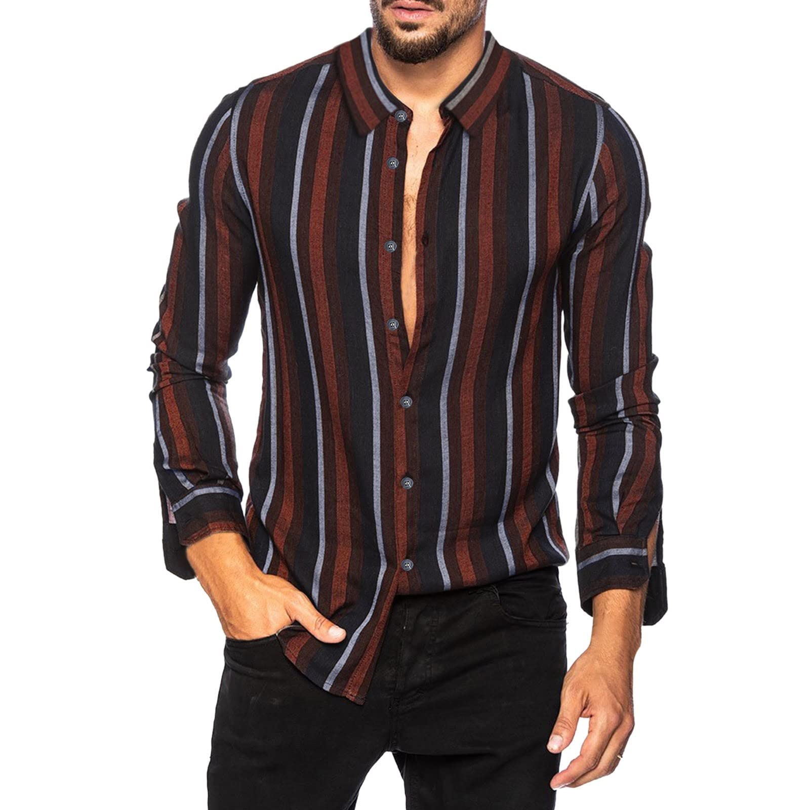 Men's Striped Button-Up Cardigan Shirt with Lapel Collar & Long Sleeves - Casual Office Wear & Autumn Layering Essential