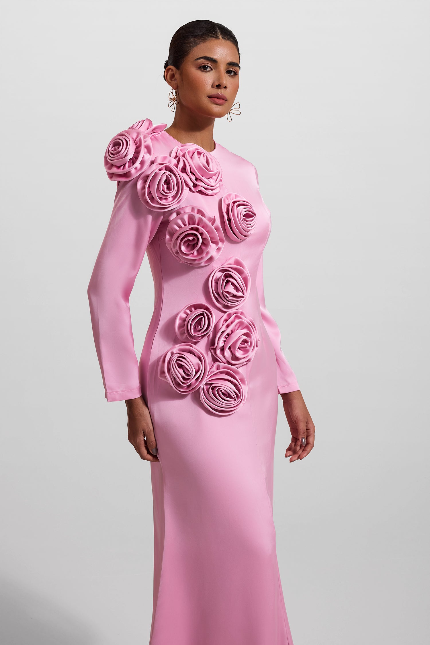 Elegant 3D Floral Print Satin Long Sleeve Midi Dress for Women - Perfect for Weddings, Parties & Special Occasions
