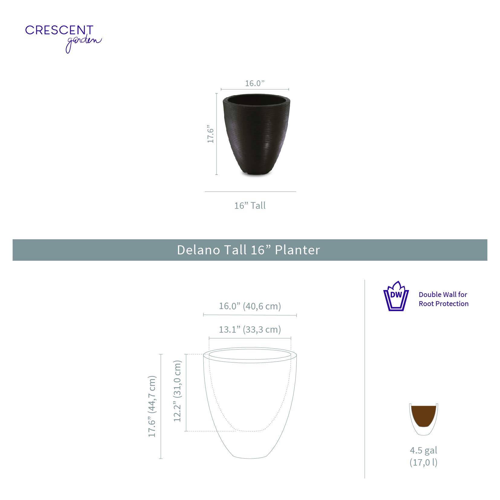 Delano Tall Planter by Crescent Garden - Modern Indoor/Outdoor Flower Pot in Caviar Black - Perfect for Home Decor, Patio, Garden & Office Plants