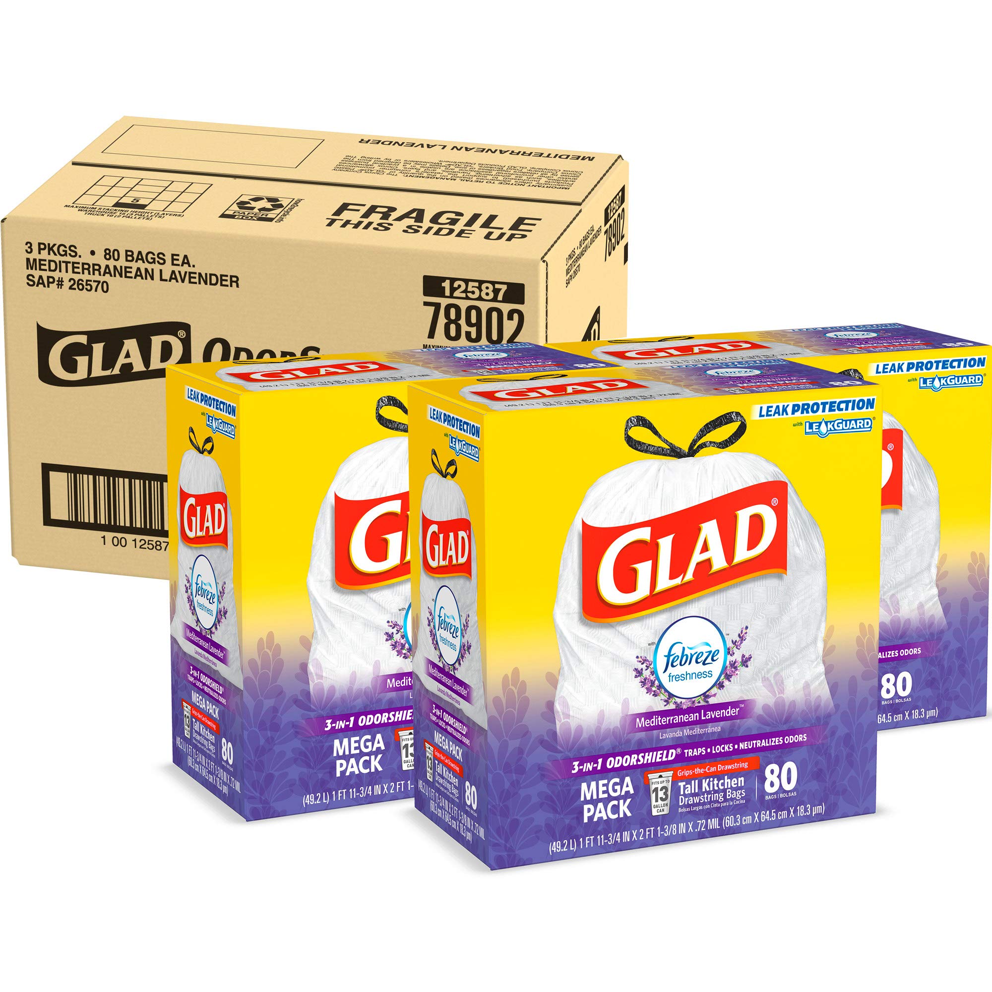 Glad OdorShield Tall Kitchen Drawstring Trash Bags - 13 Gallon, 80 Count, Strong Leakproof Garbage Bags for Home, Office & Outdoor Use