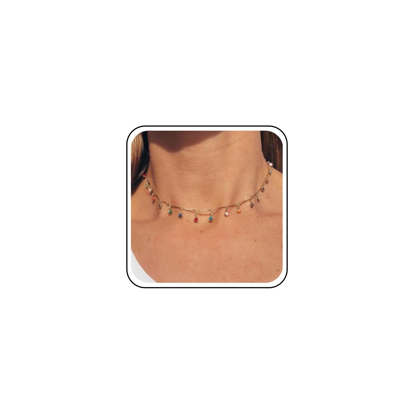 Boho Rainbow Crystal Choker Necklace for Women - Colorful CZ Gem Dangle Pendant with Beaded Chain - Perfect for Beach, Festival, and Boho Fashion Accessories