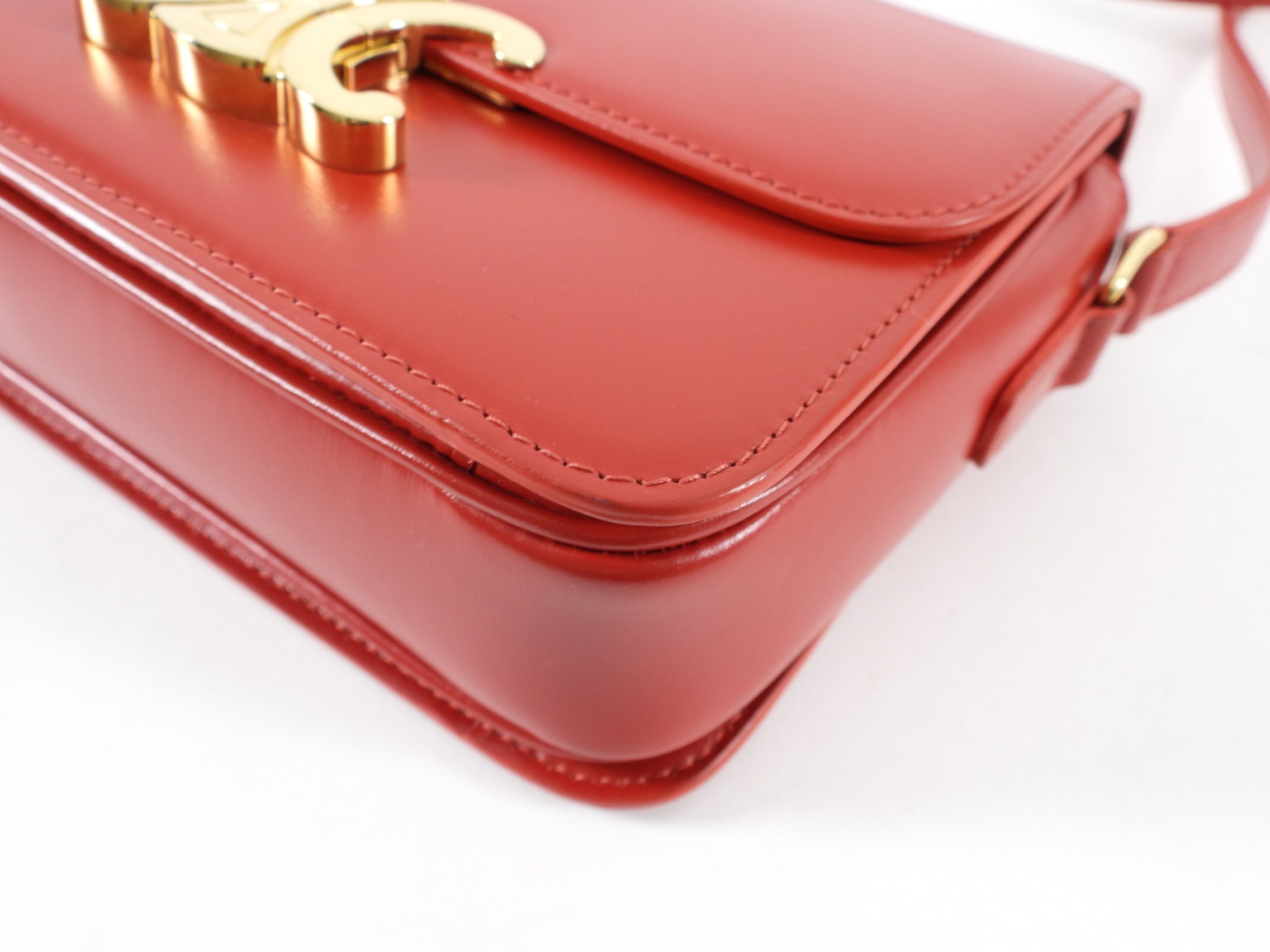 Celine Red Teen Triomphe Bag in Shiny Calfskin Leather - Luxury Crossbody Purse for Women, Perfect for Date Night & Evening Events