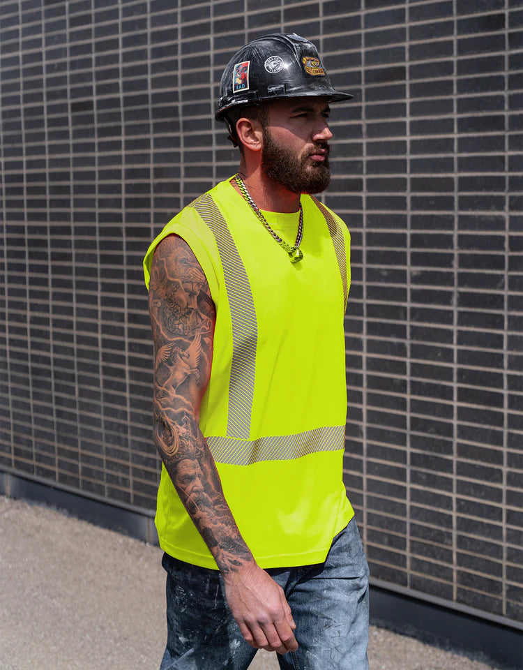 High Visibility Sleeveless Safety Tee - Forcefield 022 BEPMT Reflective Workwear for Construction, Cycling & Night Running