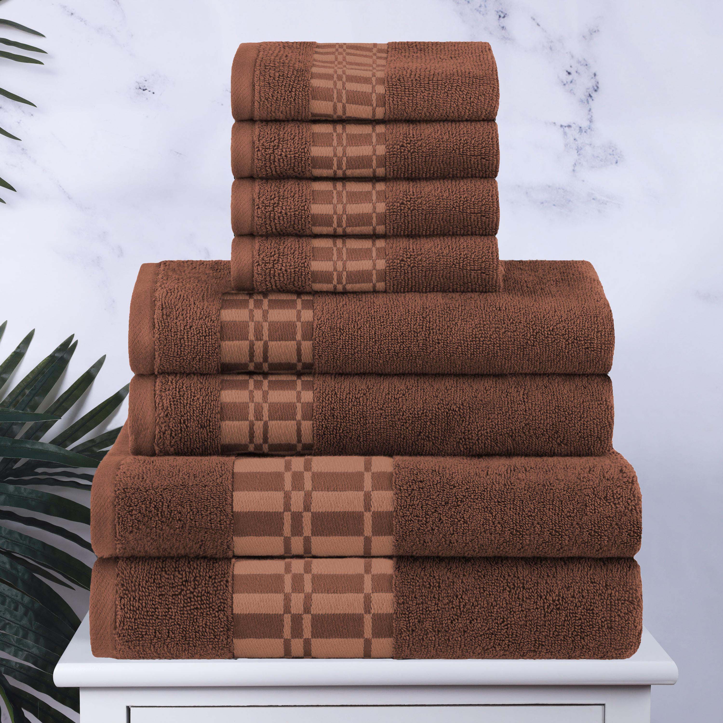 Larissa Cotton Geometric Embroidered Border 8-Piece Towel Set | Soft Bath & Beach Towels for Spa, Pool & Home Decor