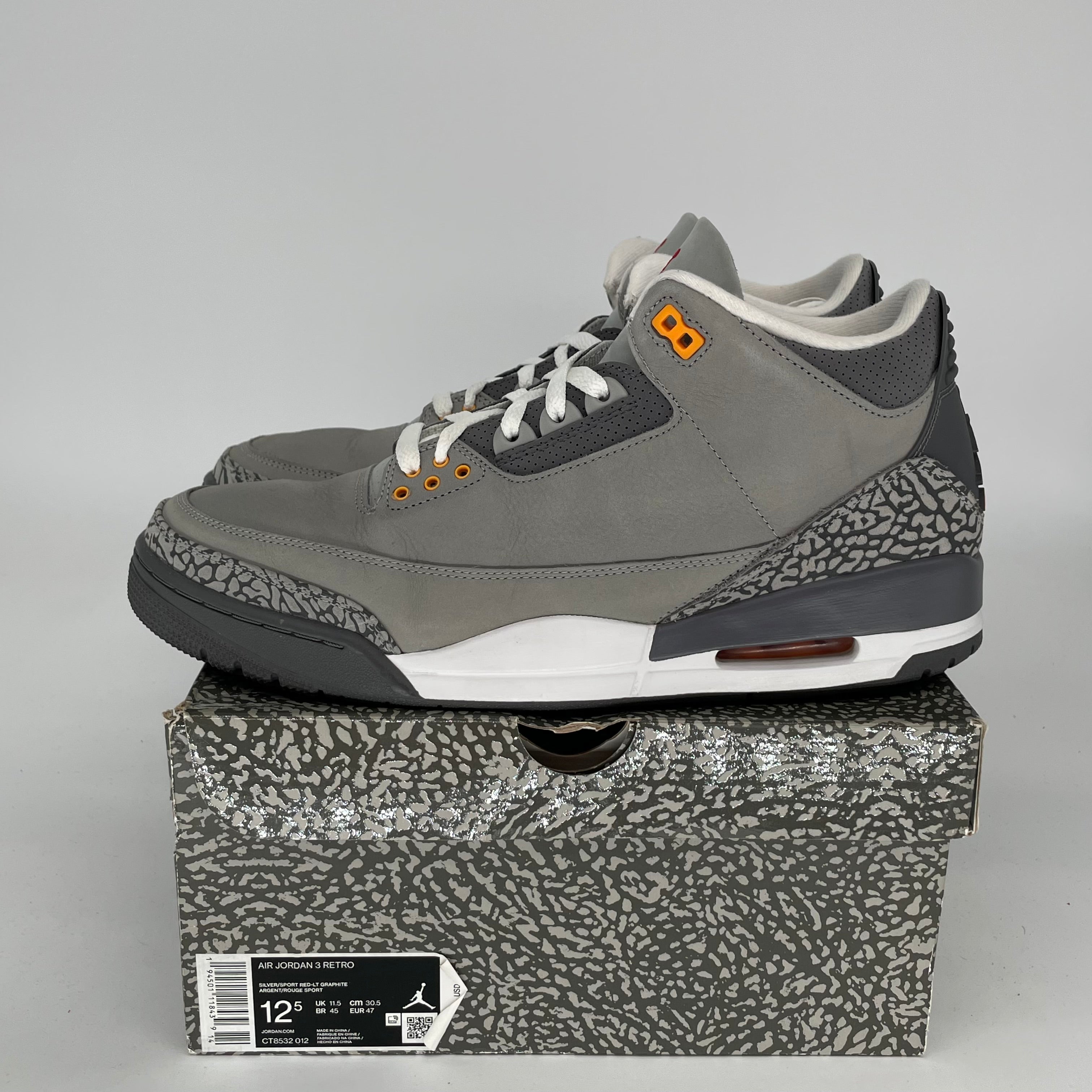 Original Air Jordan 3 Retro 'Cool Grey' Men's Basketball Shoes - Size 12.5 (CT8532-012) | Iconic Sneakers for Streetwear & Casual Outfits