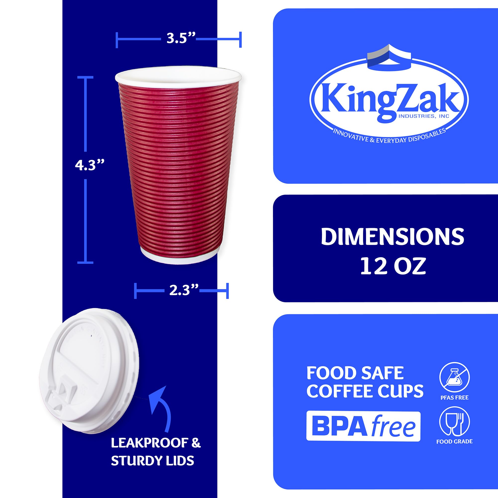 Nicole Home Collection 12 oz Double-Walled Insulated Ripple Paper Coffee Cups with Lids - Pack of 30, Maroon - Hot Beverage Travel Mug for Office, Picnics & Parties