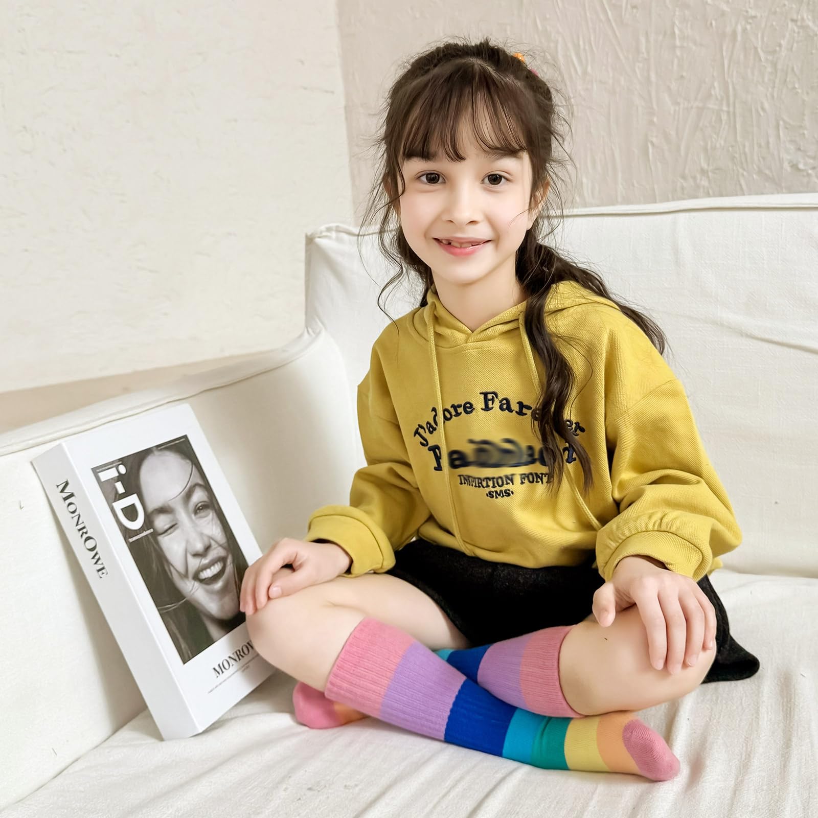 MINI PANDA 8 Pairs Girls Crew Socks - Colorful Rainbow Striped Cotton Socks for School, Sports & Everyday Wear